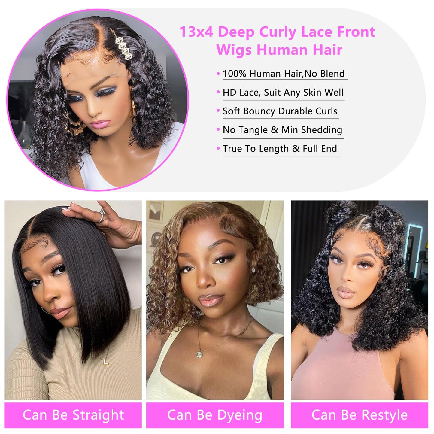 13x4 Deep Wave Lace Front Wigs Human Hair Pre Plucked 12 Inch Glueless Short Curly Bob Wigs for Women Human Hair with Baby Hair 150% Density Brazilian Deep Curly Human Hair Wigs Perruque Femme Humain Naturel Color