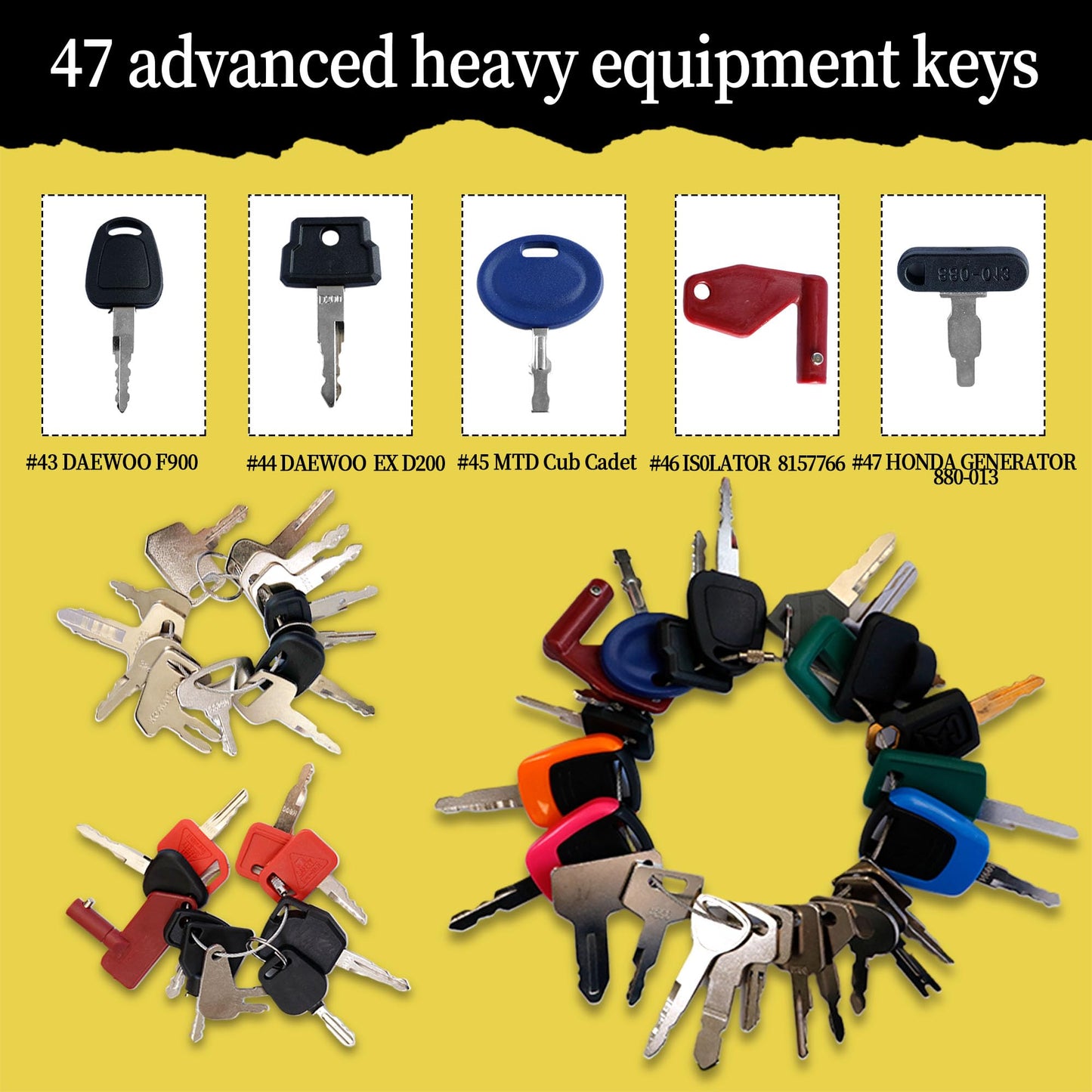 KVI 47 Heavy Equipment Keys Master Set, Fits John Deere Caterpillar CAT Key Kubota Forklift Bobcat Komatsu Takeuchi JCB Volvo etc.