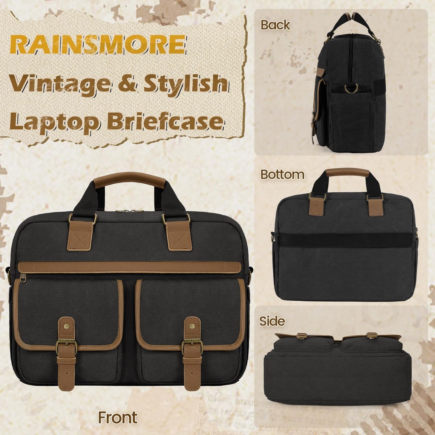 RAINSMORE Messenger Bag for Men 15.6 Inch Laptop Briefcase, Waterproof Canvas Computer Satchel Large Capacity Crossbody Shoulder Bag for Business Travel Office College