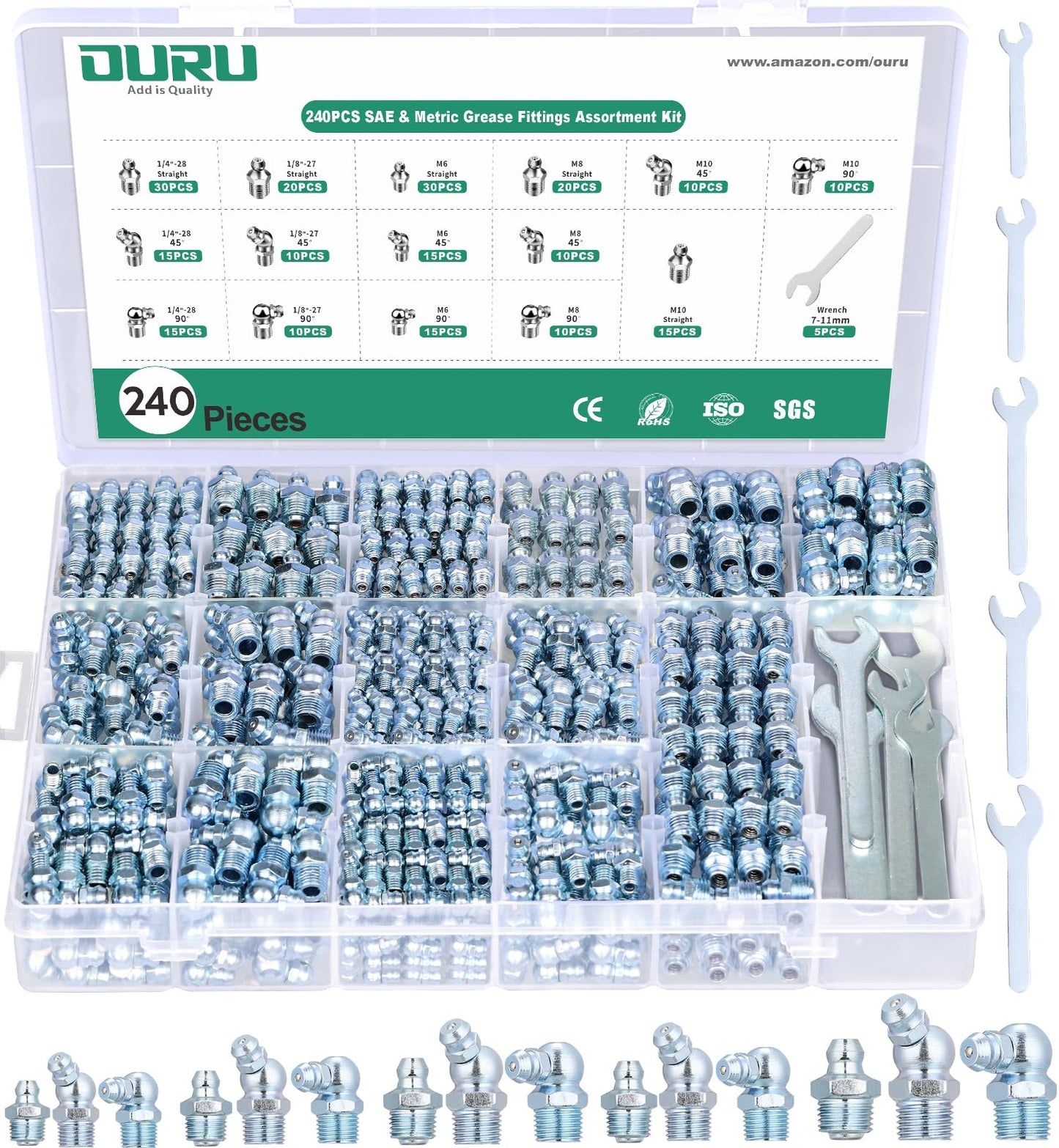 OURU 240PCS Grease Fittings Assortment,SAE & Metric Zerk Grease Fittings Straight 45 90 Degree with Wrench Kit(7-11mm) for Grease Gun
