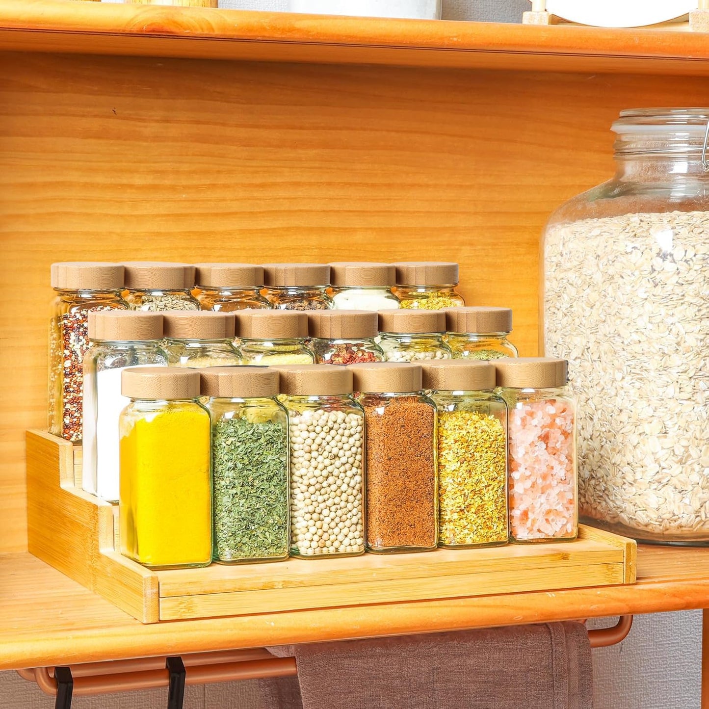 ComSaf 4oz 24Pcs Glass Spice Jars with Bamboo Lids, Empty Spice Containers with 93 Labels, Square Seasoning Containers Trial and Supplement Set, Small Seasoning Bottles for Salt, Herbs, Sugar, Pepper