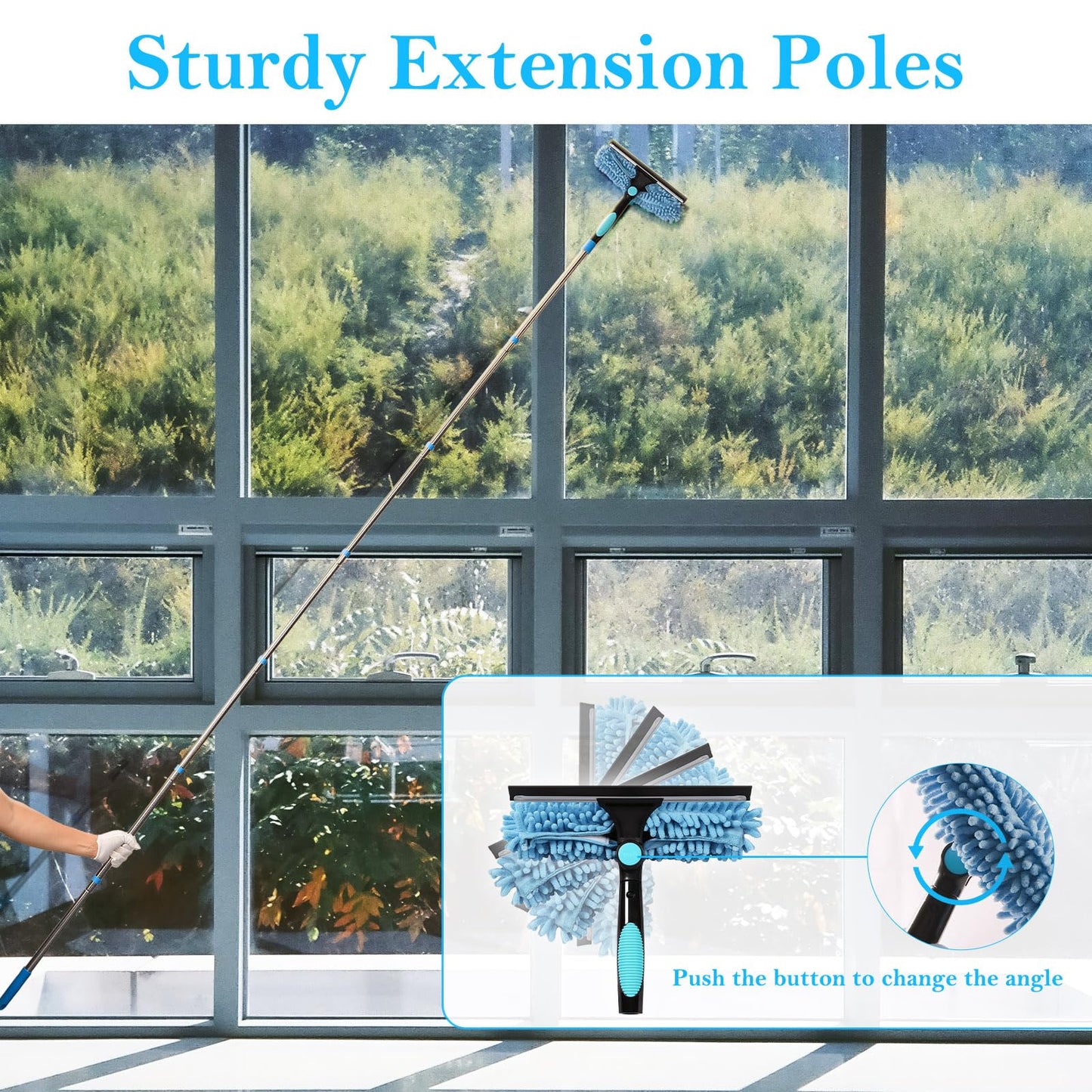 Terafeels 110.23in / 280cm Window Cleaning Tools, Window Squeegee: 2 in 1 Double-Sided Professional Cleaner Window Washing Kit with Extension Pole (Blue)