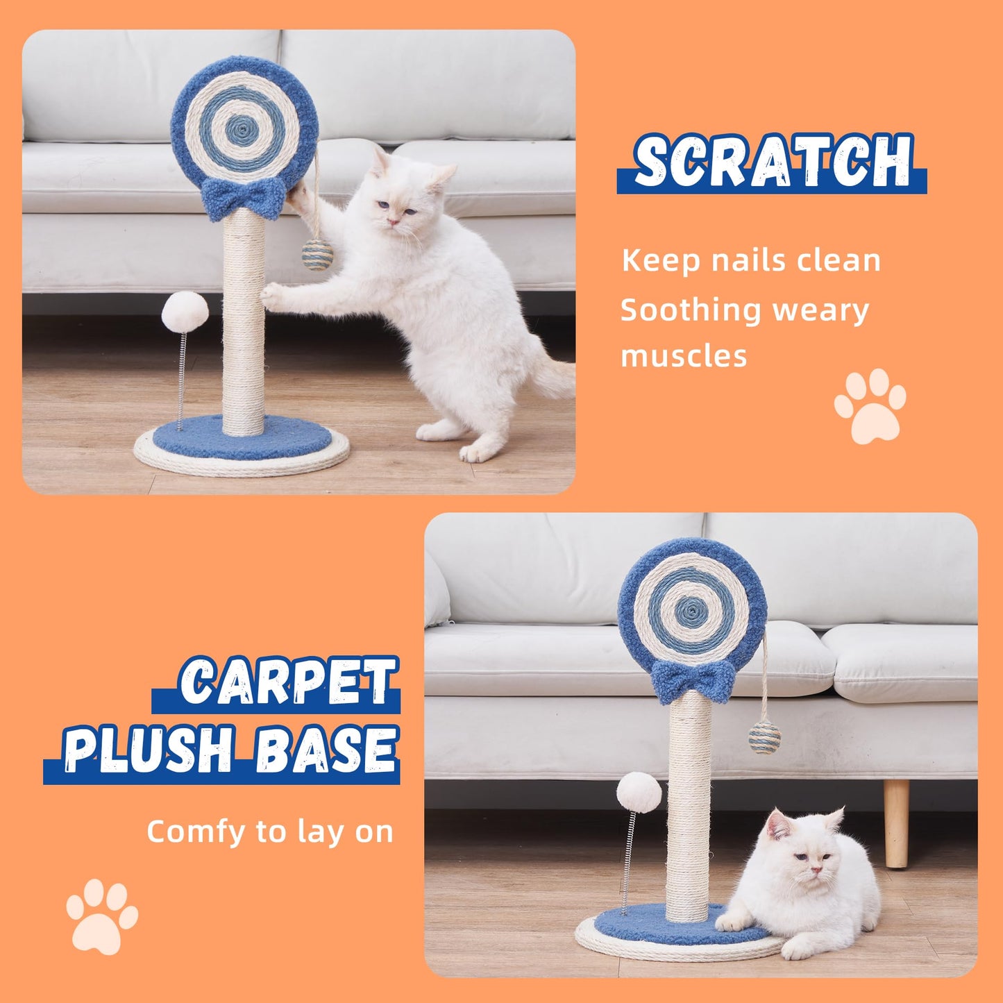 Cat Scratching Post Scratcher for Kittens Cute Small Cat Sisal Rope Indoor Scratch Mini Blue Kitty Decorative Accessories 24 inches Lollipop Post Toy Ball