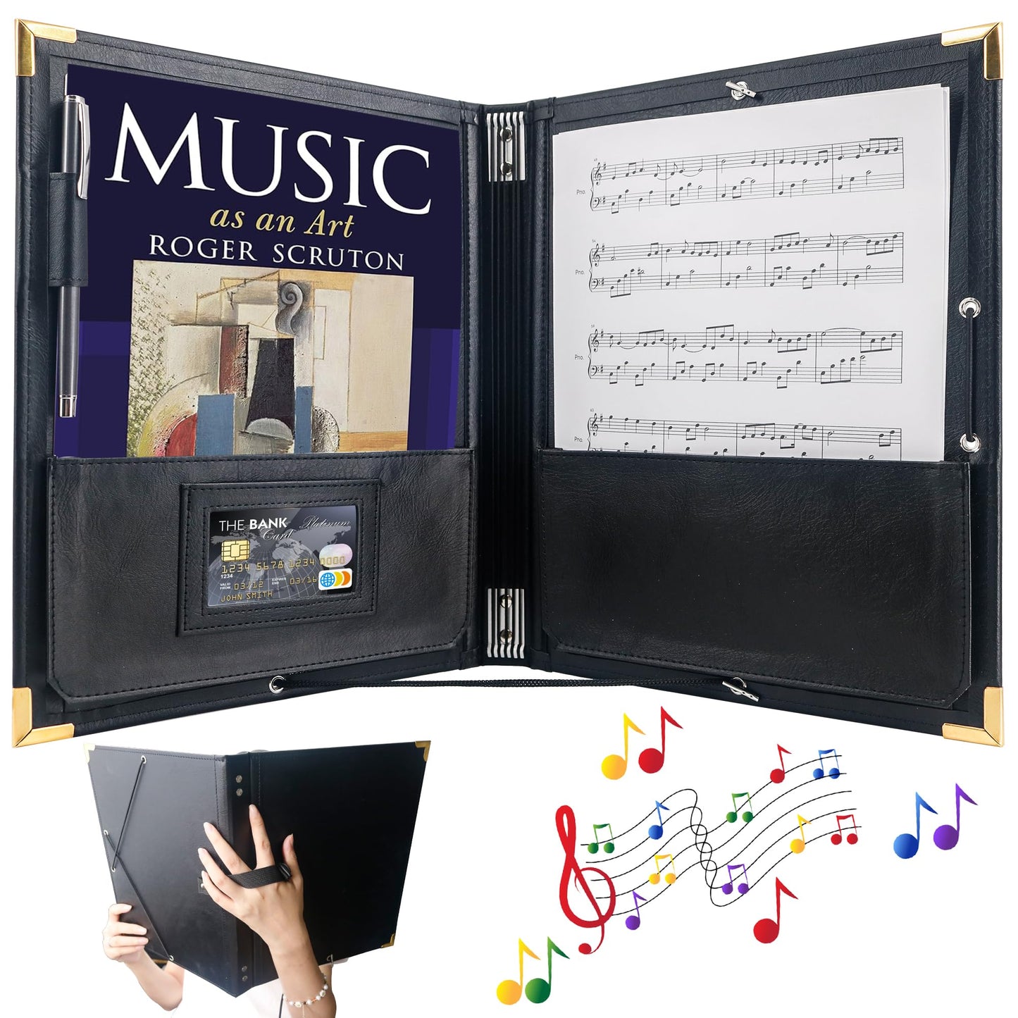 IvyRobes PU Leather Music Folder, 12.5" x 10" Choir Folder with Elastic String & Hand Strap,10 Pockets Fits 8.5" x 11", A4, 9" x 12" Sheets for Piano,Choral & Music Performance Black