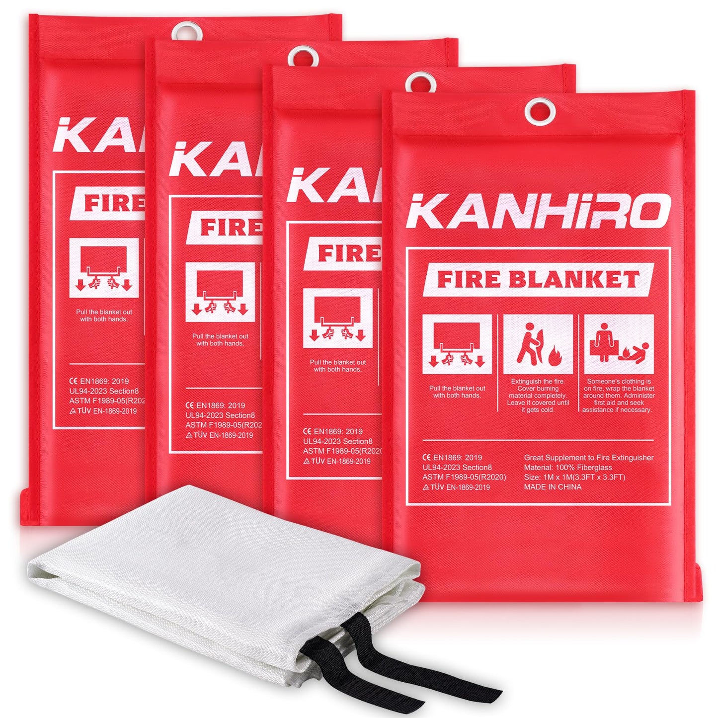 Emergency Fire Blanket for Home Kitchen - KANHIRO Fiberglass Fire Suppression Blanket Great for School, Fireplace, Grill, Car, Office, Warehouse (4 Pack, 39 in X 39 in)