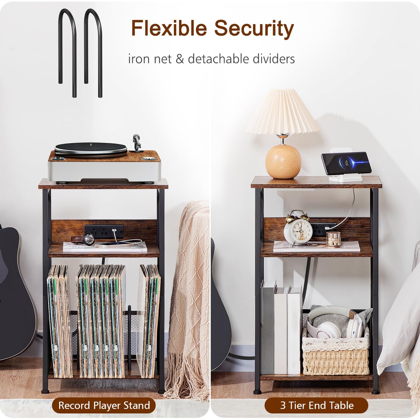 AMHANCIBLE Record Player Stand with Charging Station, Turntable Stand with Storage Cabinet, 3 Tier End Table Hold Up to 100 Albums, Record Stand for Vinyl, Living Room, Rustic Brown, HETCD01BR-1