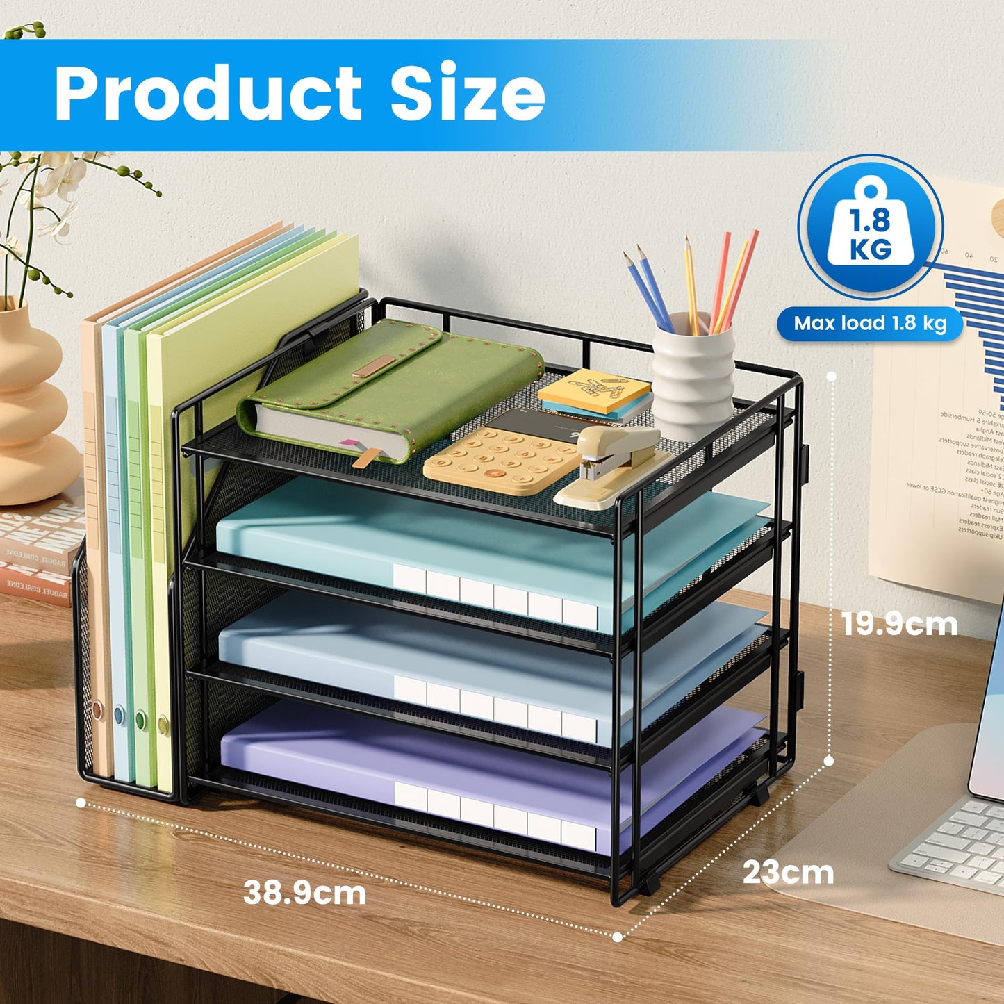 Office Paper Organizer with File Holder, 4 Tier Desk Tidy Organiser with 1 Paper Tray Storage for Magazine, Home, School, Office Stationary Supplies (Black)