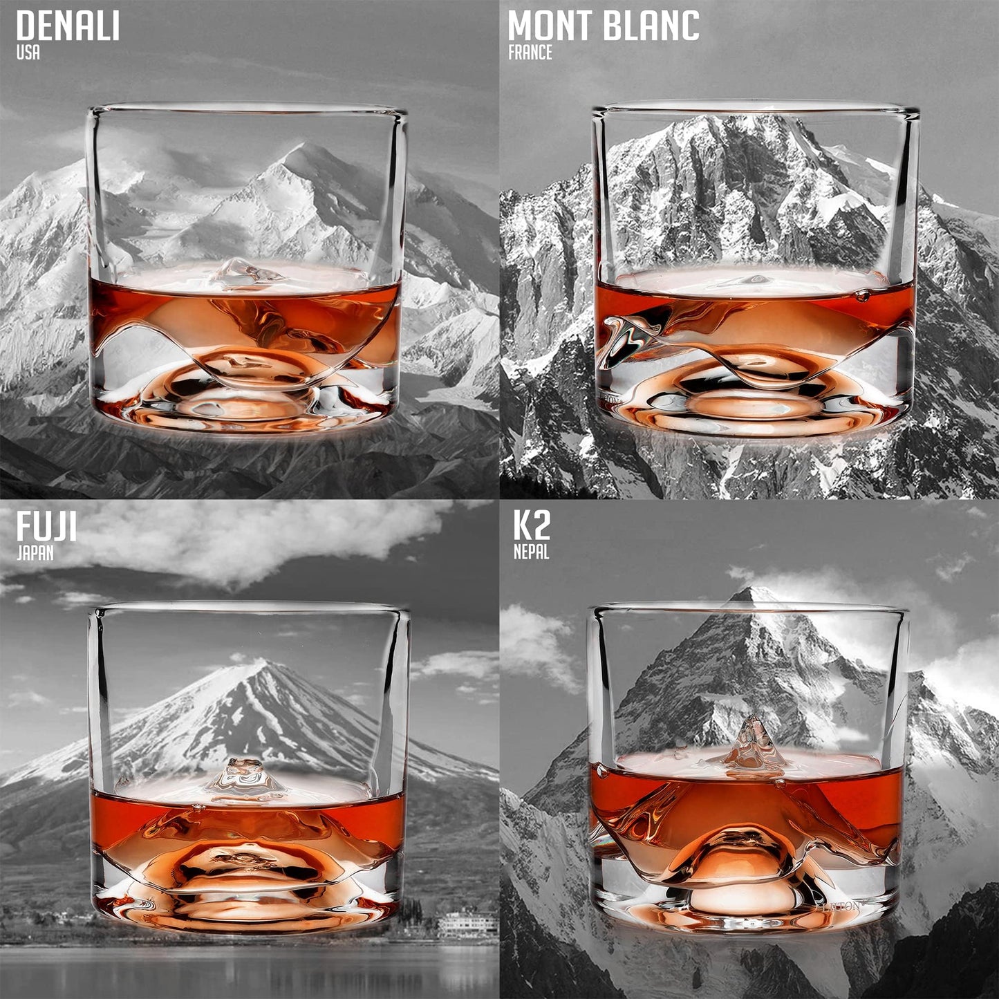 LIITON The Peaks Heavy Crystal Whiskey Glasses Gift Set of 4, Thick Freezable Bourbon Glass 1lb Each, Premium Whiskey Gifts for Men, Frozen Crystal Chills Cocktails, 10 oz