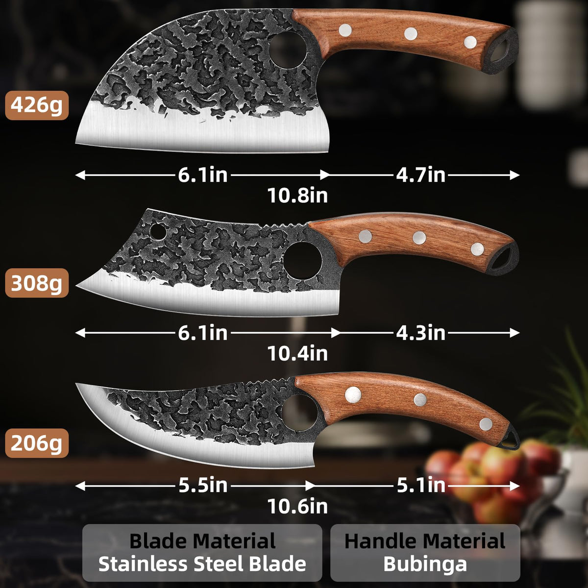 3-Piece Kitchen Knife Set – Serbian Chef's Knife,Cleaver Knife, Boning Knife, 3Pcs High Carbon Steel Hand Forged Knife Set with Ergonomic Handles for Kitchen Outdoor Cooking, Birthday Gifts for Men