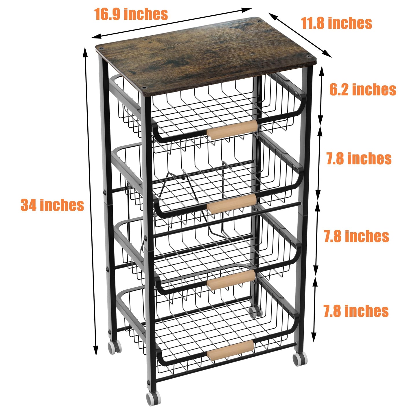 NiuYichee 5-Layer Fruit Basket Kitchen Food Organizer and Storage Rack, Stackable Cart With Desktop, Pull-Out Hollow Metal Basket, Wheeled Sorting Spice Rack, Black