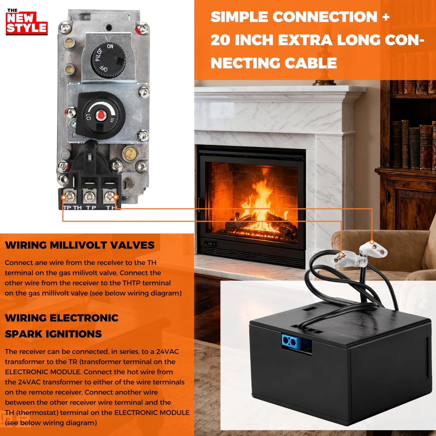 Fireplace Remote Control Kit,Thermostat, On/Off Remote Control, Timer, LCD Screen, Touch Key Buttons for Millivolt Valve System, Replace for skytech 1420-A, 1420TH-A, 1001-A, 1001TH-A and More.