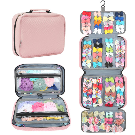 MICOM Hanging Hair Accessories Storage Bag for Girls, Hair Bow Organizer, Hair Accessories Storage Carrying Case for Display Hair Clips, Headbands, Scrunchies, Hair Ties Holder with Hook (Pink)