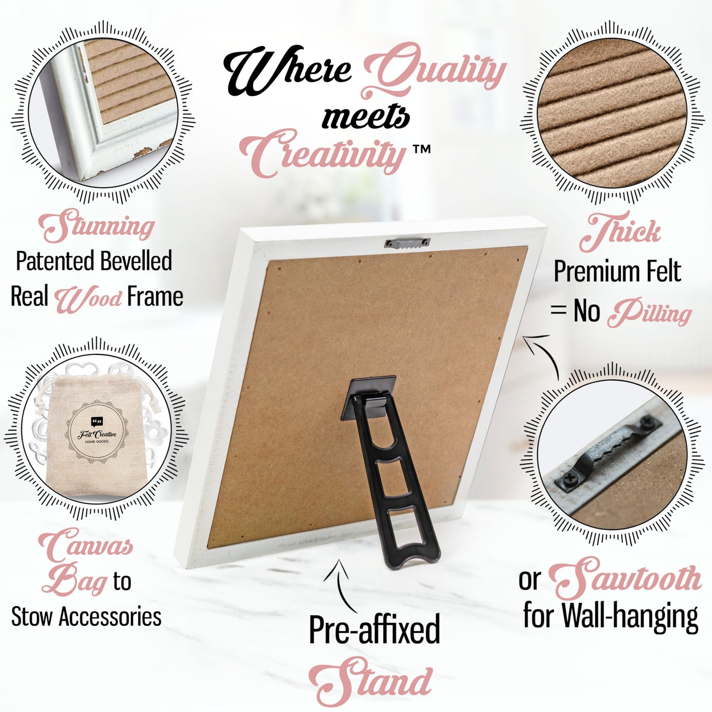 Cappuccino Felt Letter Board Back to School Sign with Rustic Wood White Frame - Farmhouse Letter Board Sign with Stand - Baby Announcement 10x10 Felt Board Changeable Message Board with 350 Letter Set