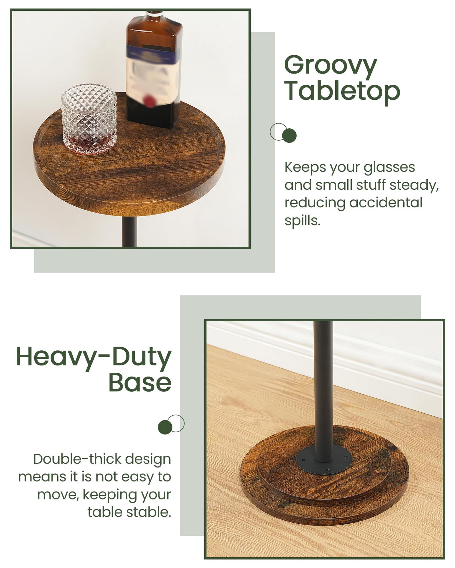 CHOEZON Small Round Side Table, Drink Table, Pedestal Table for Small Spaces, Martini Table, Thickened Base, Living Room, Bedroom, Office, Rustic Brown and Black TBZ30BF