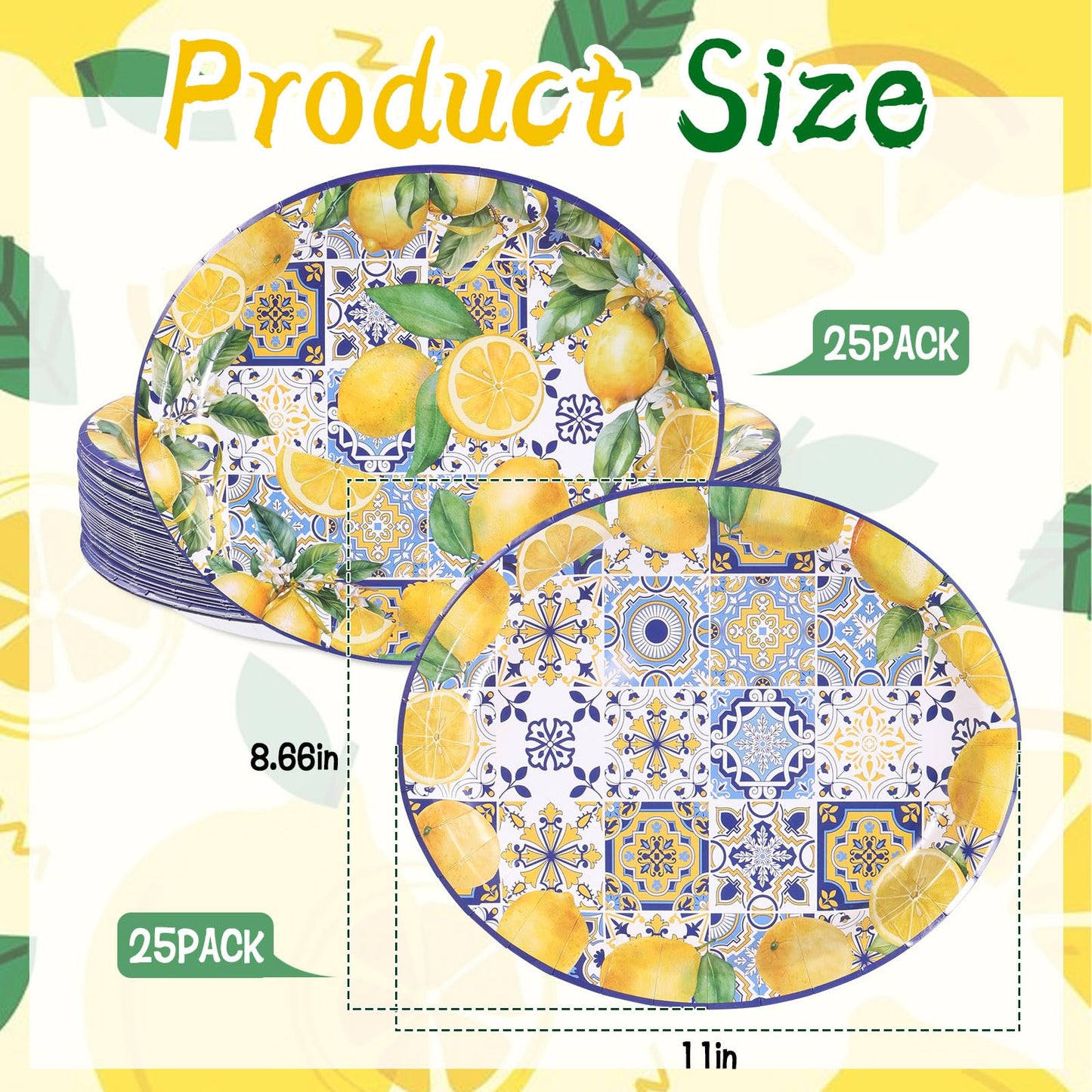 CIEOVO 50 PCS Capri Lemon Party Tableware Paper Plates Large Oval Yellow Blue Disposable Dinner Dessert Plates for Capri Mediterranean Positano Wedding Blue Tiles Lemon Summer Birthday Party Supplies