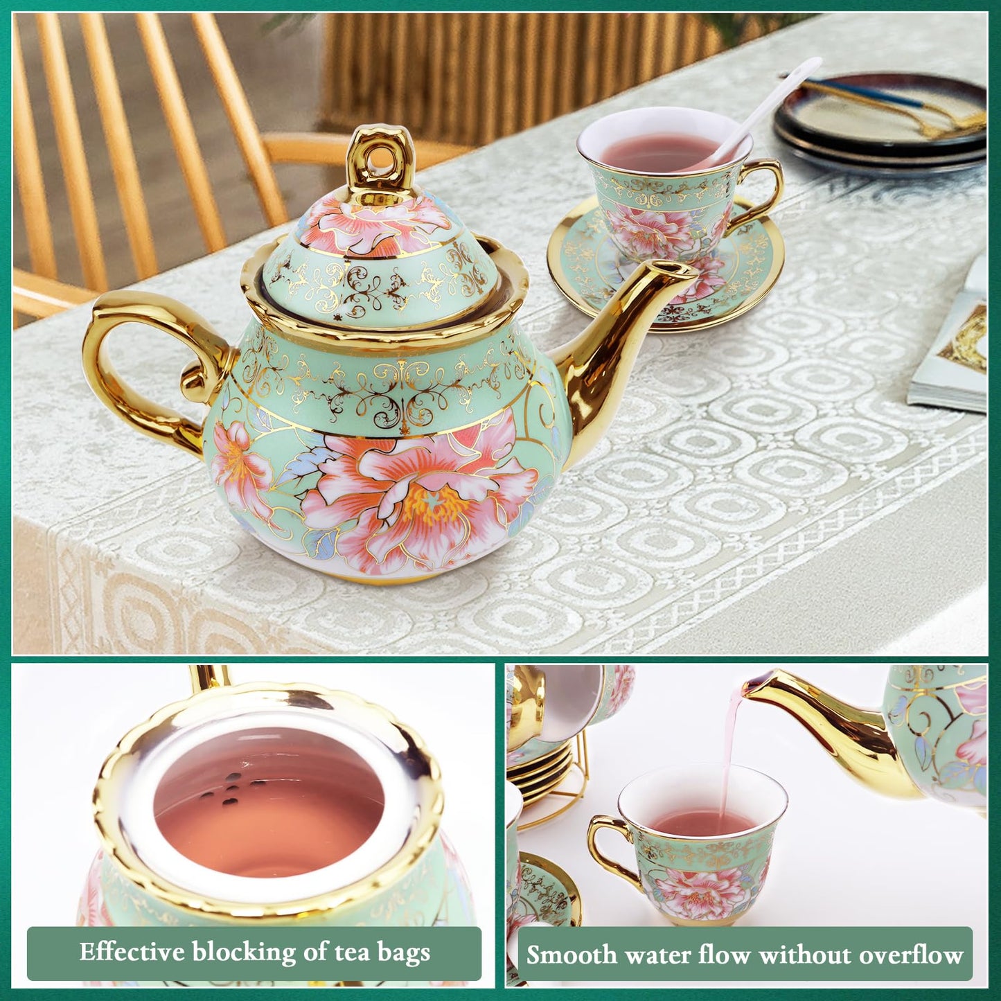 20 Pcs Porcelain Tea Set with Metal Holder, Adult Tea Sets Gift, European Ceramic Tea Set for Adults, Flower Tea Cup Saucer Set for Party with Gold Flower Painting (Fresh Green)