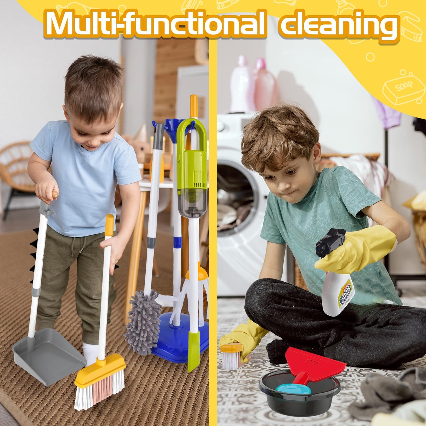 Kids Cleaning Set14 Piece -Toddler Cleaning Toy Set Includes Real Working Vacuum Cleaner, Broom, Mop, Brush, Spray, Duster, Preschool Educational Pretend Play Clean Kit for Toddler (Blue)