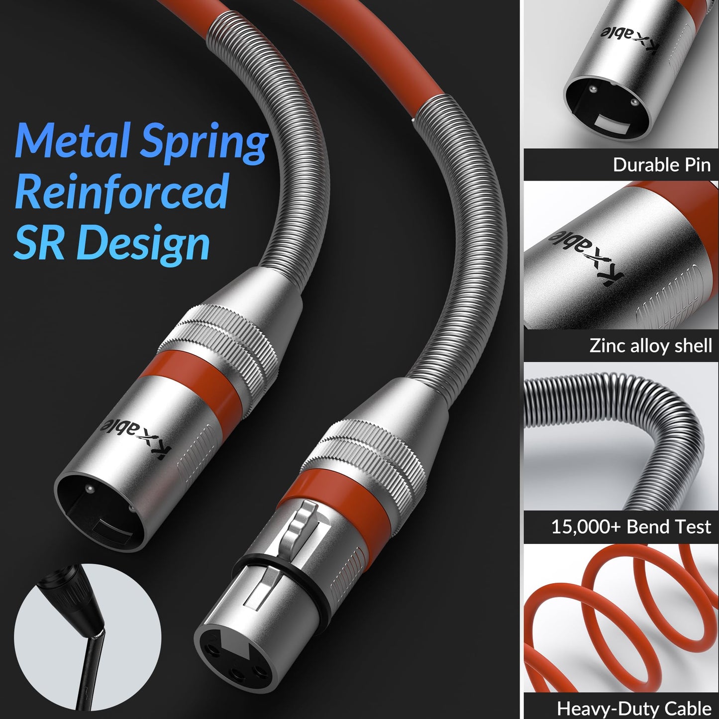 Kxable XLR Microphone Cable 100 FT, XLR Male to Female Balanced Mic Cable, 3-Pin Shielded Speaker Cord, Zinc Alloy Connectors, 22AWG Pure Copper, Metal Spring SR, Recording Studio, Podcast, Orange