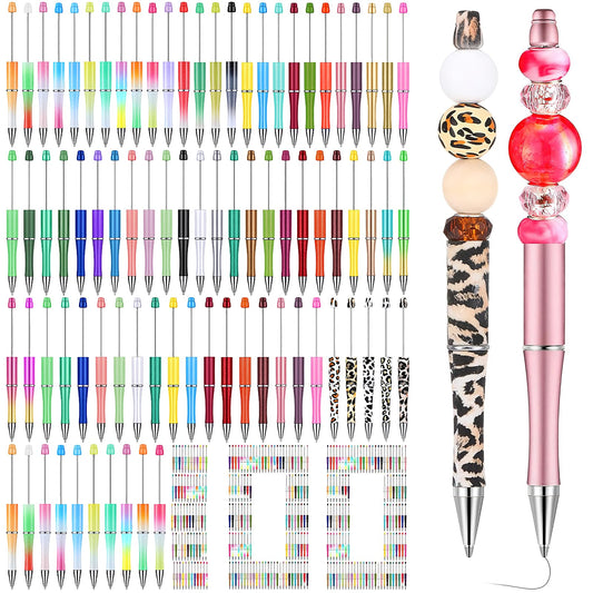 100 Pcs Beadable Pens, Plastic Bead Pen Black Ink Ballpoint Pens Creative Diy Pens Assorted Cute Beaded Pens for Kids Student Teacher Office School Party Gift Supplies, Multicolor