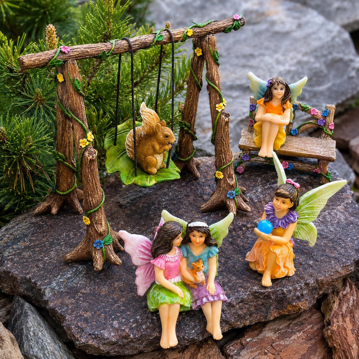 Mood Lab Fairy Garden Swing Set - Miniature Figurines & Accessories (6 pcs) - Indoor Outdoor Garden Decor