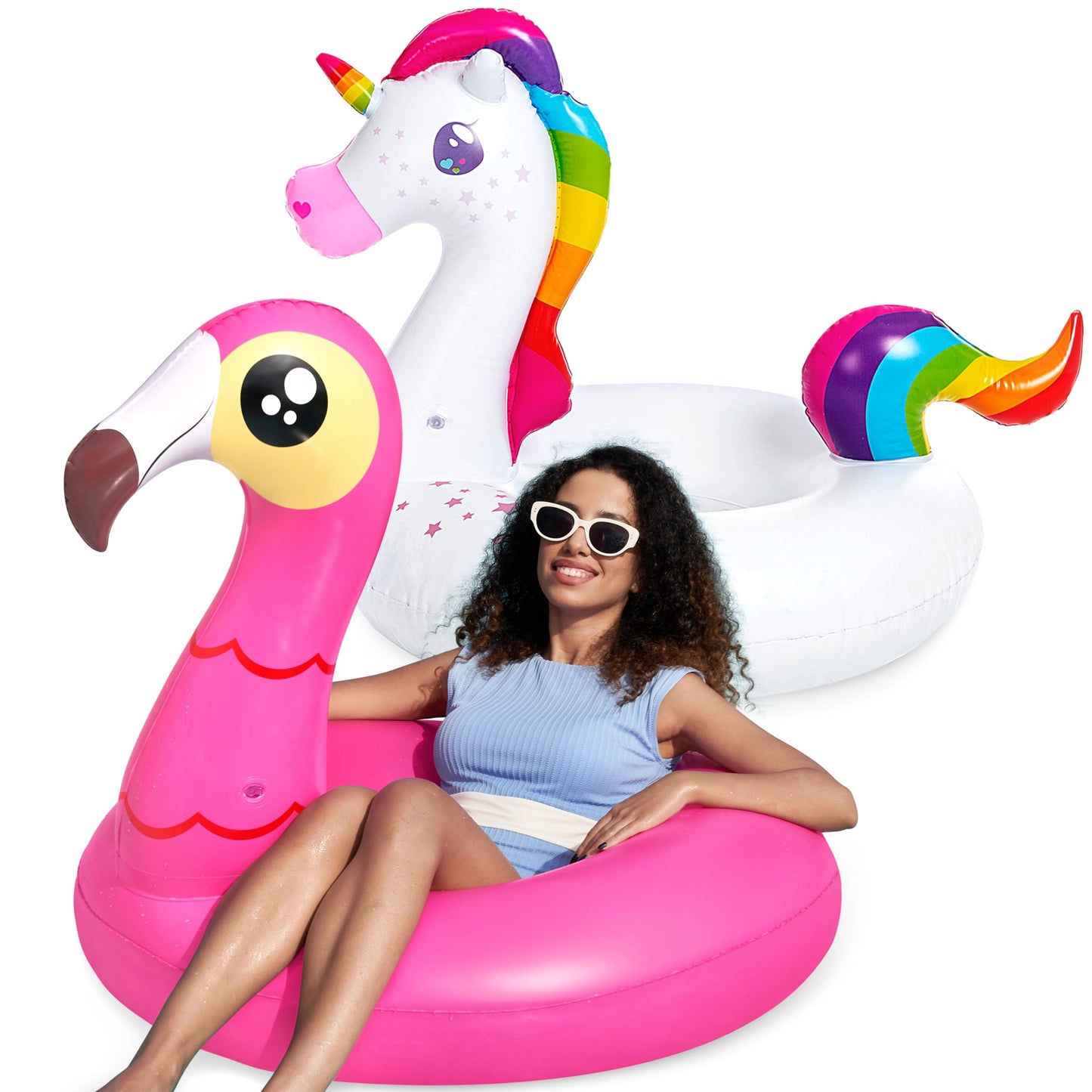 JOYIN 2-Pack Flamingo Unicorn Pool Float - Fun Beach Floaties, Inflatable Swimming Pool Tubes Party Toys, Lake Beach Floaty Swim Rings Summer Pool Raft Lounger for Adults & Kids