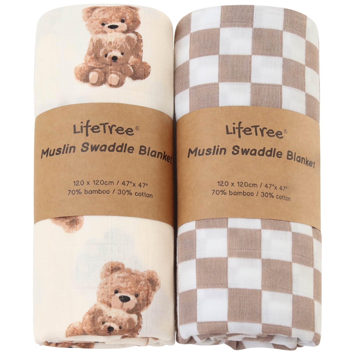 LifeTree Muslin Swaddle Blankets Neutral, Baby Swaddling Wrap Nursery Blanket for Boys & Girls Unisex, Soft 70% Viscose from Bamboo and 30% Cotton, Large 47 x 47 inches, Bear & Checkered Coffee