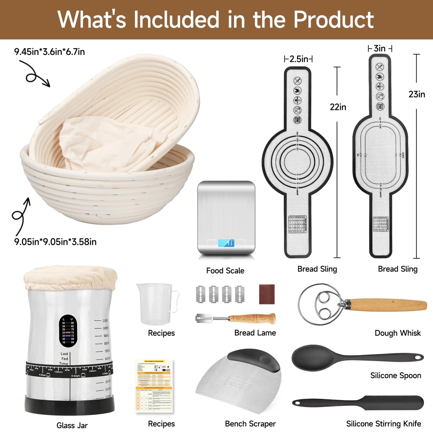 Coco Bird Pro Sourdough Starter Kit- 50oz Large Capacity Sourdough Starter Jar,17 Flavor Recipes,2 Bread Proofing Baskets,Food Scale,Bench Scraper,Bread Lame,Complete Sourdough Bread Baking Supplies