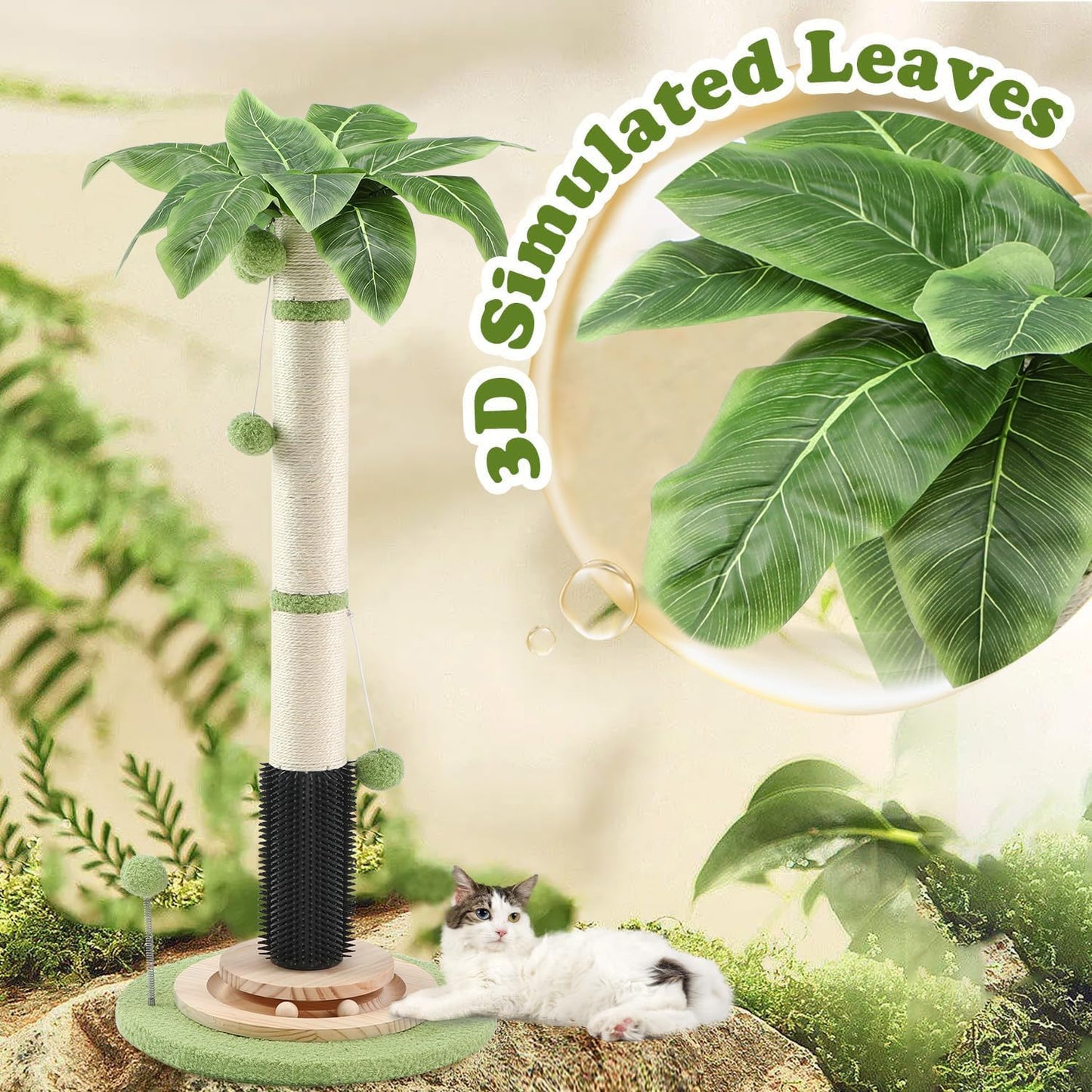 COUNER 39.4'' Tall Cat Scratching Post,3.5 Inch Wide Sisal Rope Scratching Post for Indoor Adults Kittens,Cat Scratcher with Stable Wood Base Interactive Ball Toys Self Groomer Brush for Large Cats