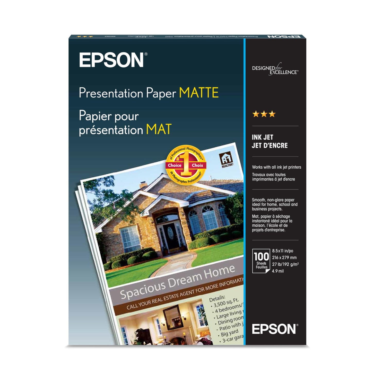 Epson Matte Presentation Paper, 27 lbs., 8-1/2 x 11, Pack of 100 Sheets, (S041062), White