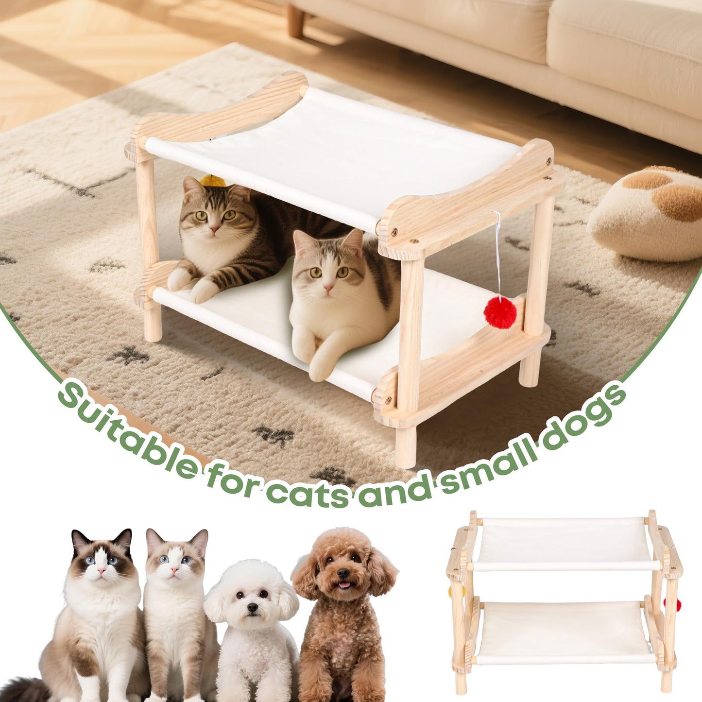 MITREL Large 2-Layer Cat Hammock Bed, 24"x15.7"x16.3" Elevated Cat Bed with Pine Wood Frame, Breathable Washable Covers, Wooden Pet Furniture for Indoor Cats and Small Animals