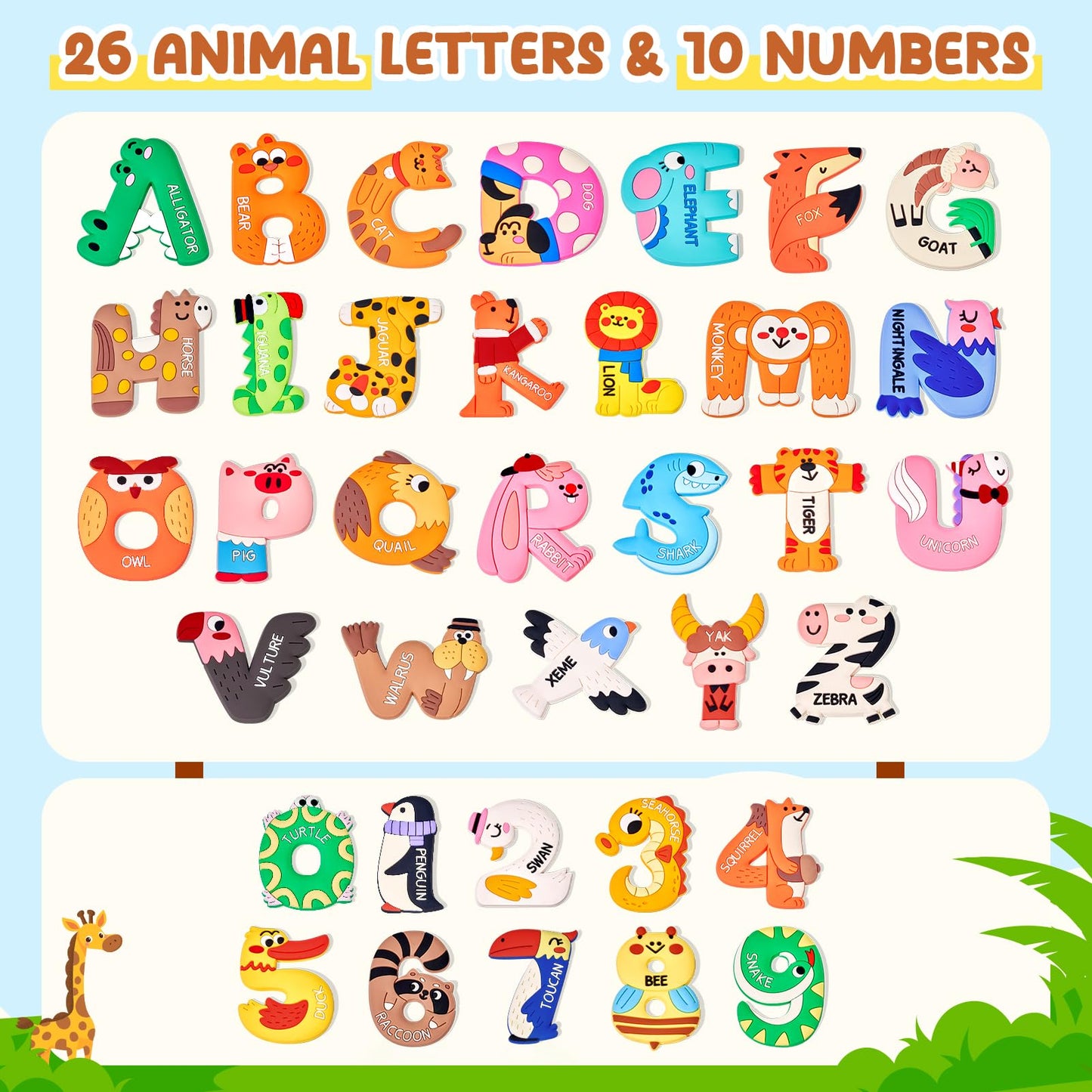 JoyCat Magnetic Letters and Numbers Fridge Magnets, Soft PVC Learning Refrigerator Toy Set for Kids & Toddlers, 26 Animal Alphabet Letters and 0-9 Numbers, Birthday Gift for Baby Boys and Girls