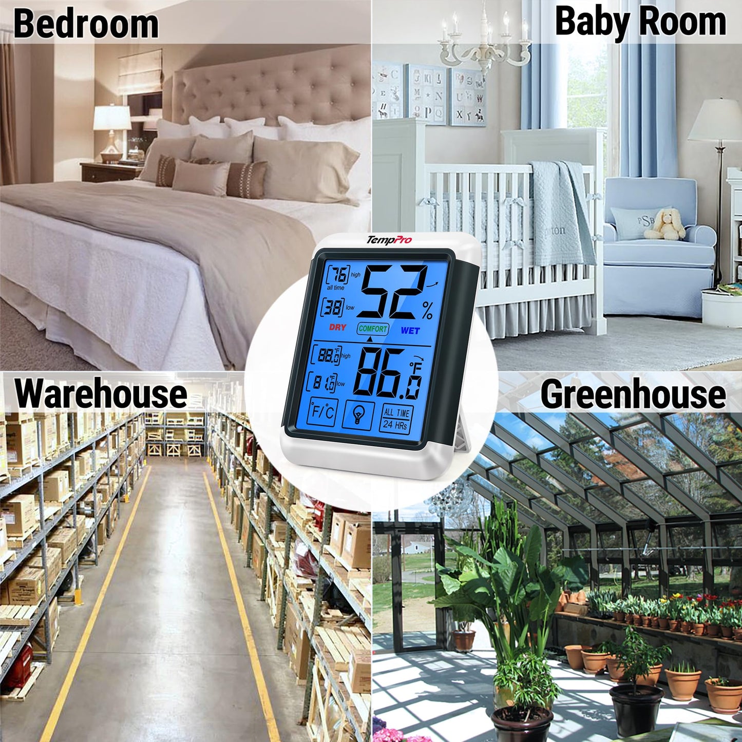 TempPro TP55 2 Pieces Digital Indoor Hygrometer Thermometer, 4-Inch Temperature/Humidity Monitor with Touchscreen&Backlit, Room Thermometer/Humidity Meter for Home Greenhouse (Previously ThermoPro)