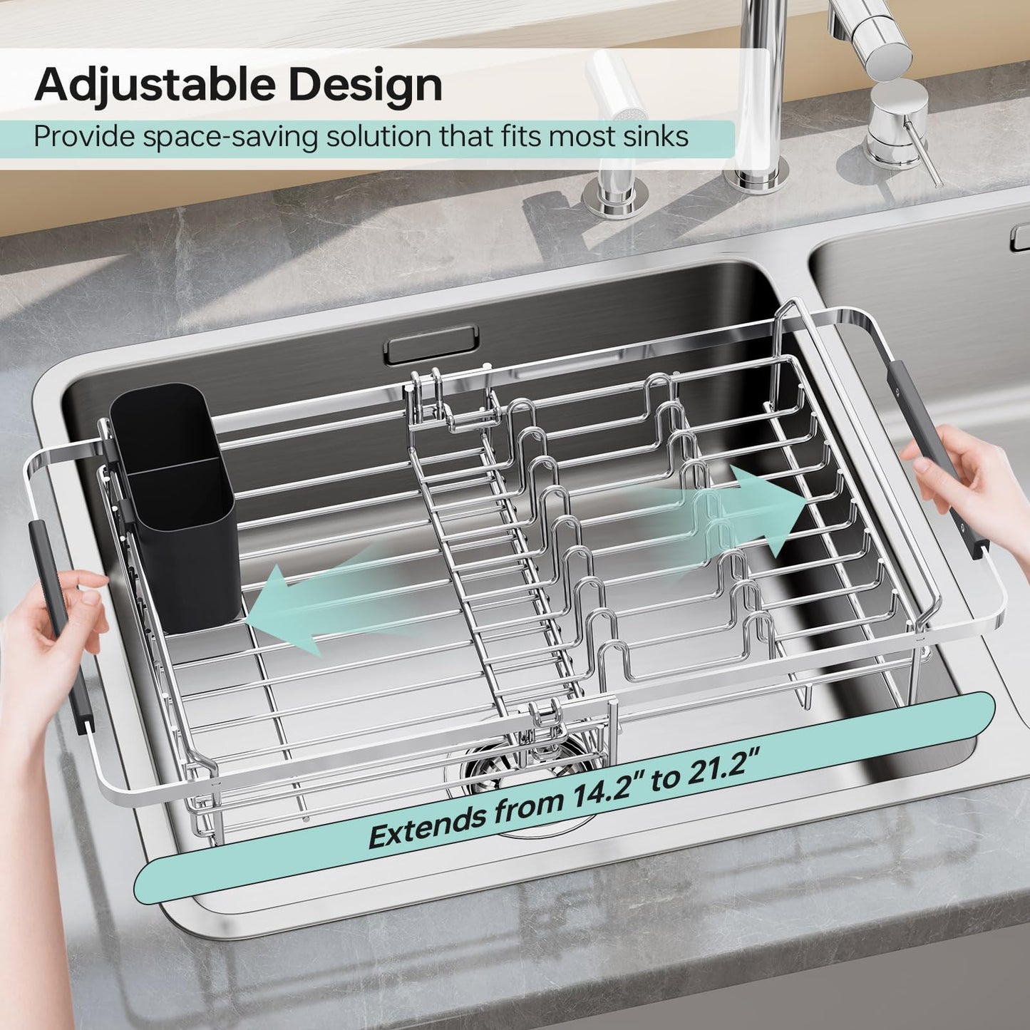 Urackify Stainless Steel Expandable-Sink-Dish-Drying-Rack with Utensil Holder for Kitchen Counter, in Sink and Over The Sink, Rust Resistant, Silver