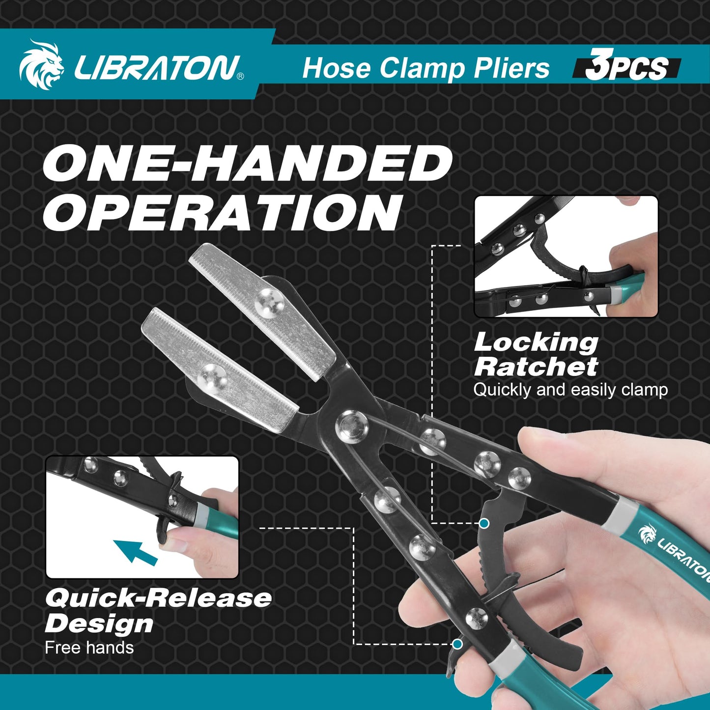 LIBRATON 3PCS Ratchet Hose Pliers Set, Automotive Pinch Pliers, Clamp Tool for Fuel, Flexible, Radiator Hoses - 8" 10" 12" With Storage Bag