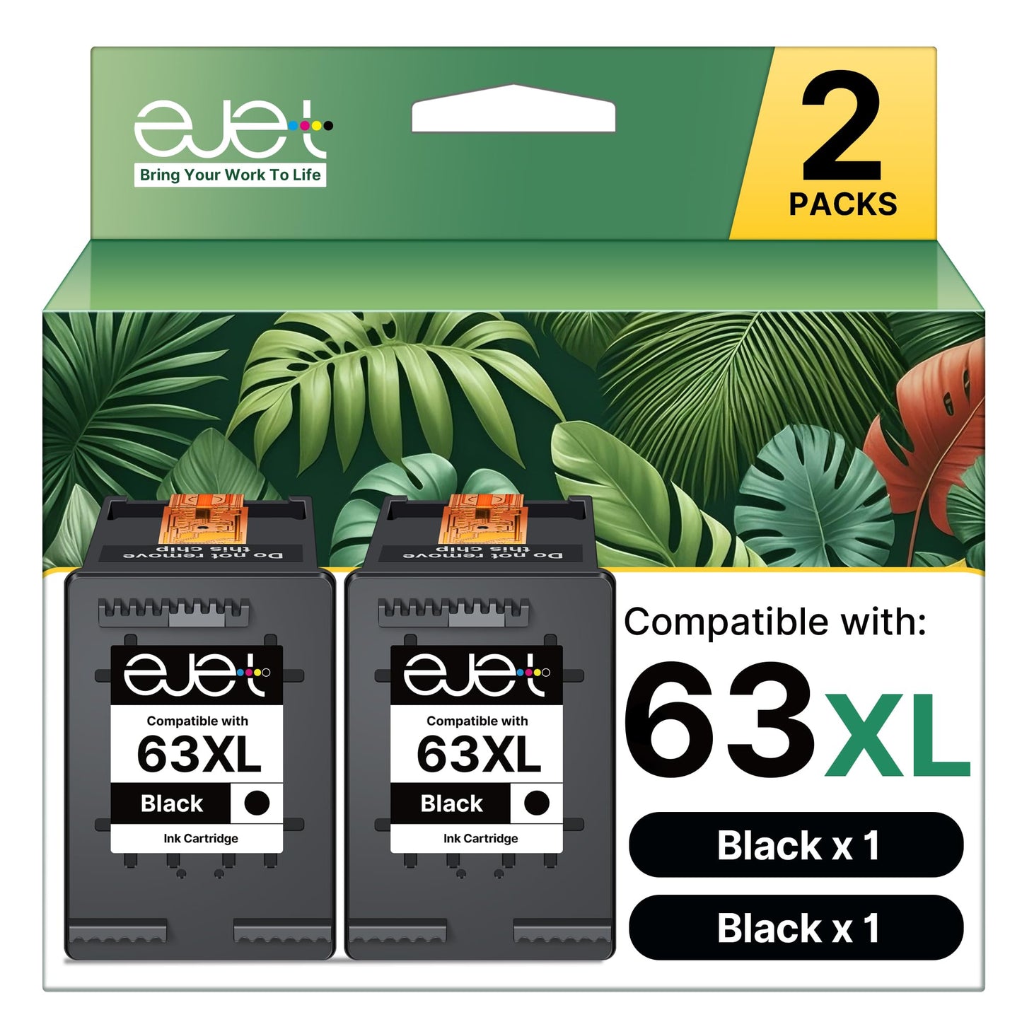ejet Remanufactured 63XL Black Ink Replacement for HP 63XL Black Ink Cartridge, High Yield Work with OfficeJet 3830 4650 5255 Envy 4520 4512 4516 Deskjet 1112 3630 3634 3639 3632 2132 Printer(2 Black)