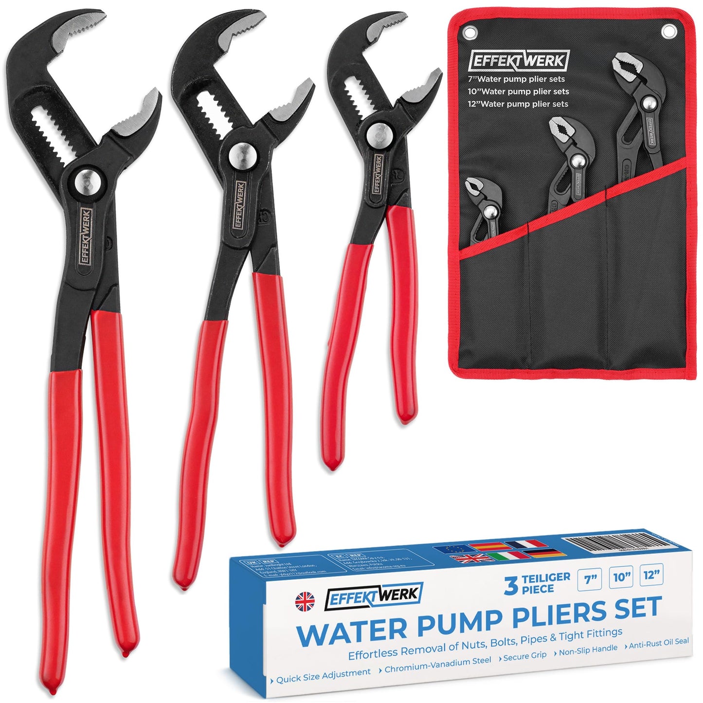 E•Werk - 3-Pc Water Pump Pliers Set - 7", 10", 12" - Non-Slip Plumbers Wrench - Tongue & Groove Pliers - Pipe Grips w/Adjustable Jaws & Ergonomic Handles