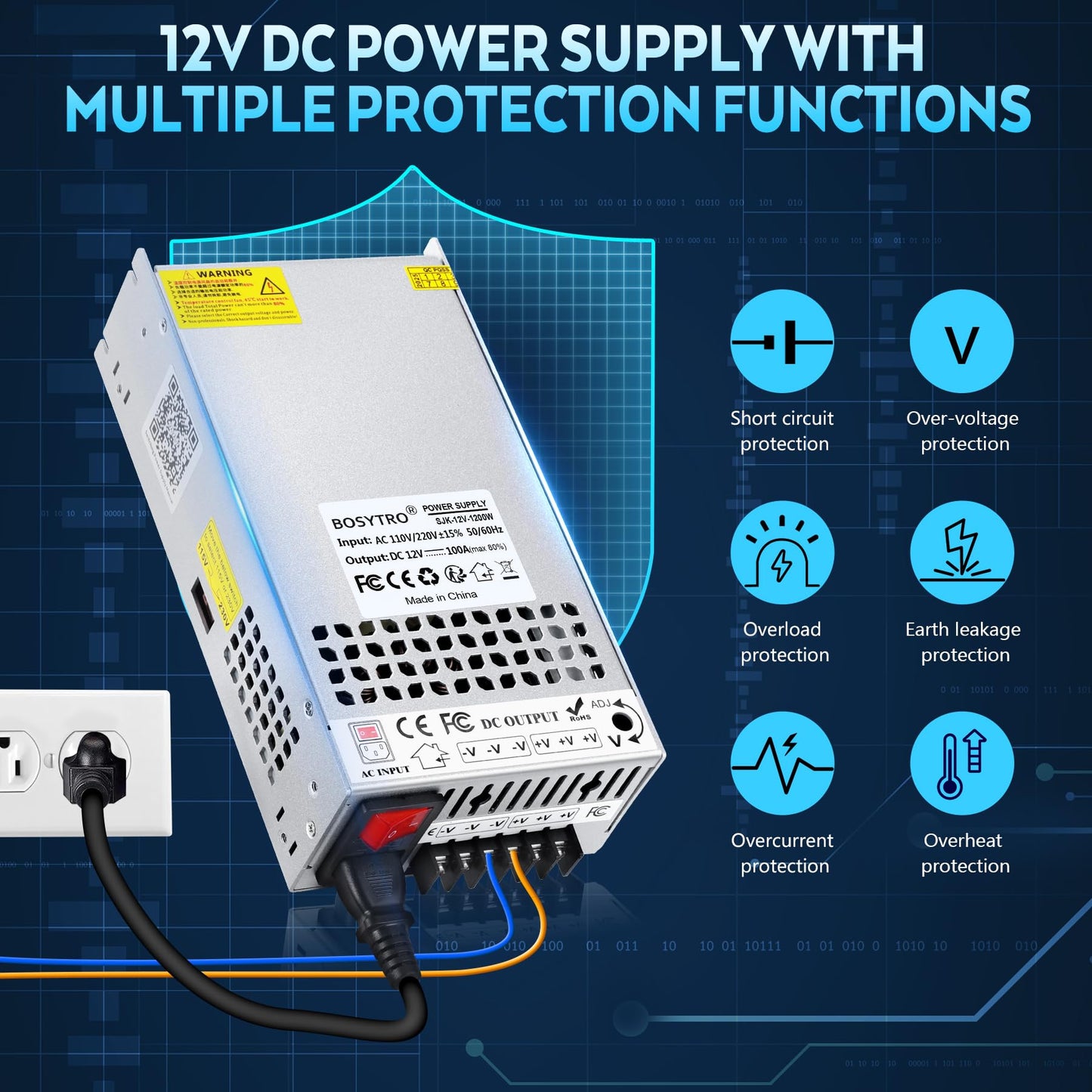 BOSYTRO Upgrade 12V Power Supply, 110v to 12v Converter, 1200W 100A Transformer, with Power Cord and Safety Switch, AC to DC Converter for 3D Printer, Led Strip, Motor Pump, CCTV