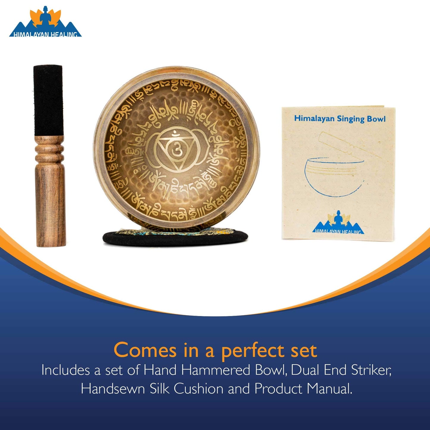 Tibetan Singing Bowl Set 4.2 inch with Holy Buddhist Mantra and Sacred Third Eye Symbol from Nepal~ Antique design suitable for Yoga, Meditation, Sound Healing & Chakra Balancing~ (4.2 Third EYE)