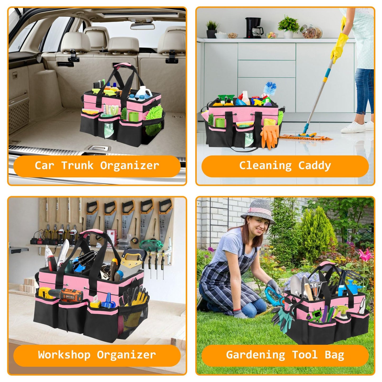 Cleaning Caddy Bag with Handle & Shoulder Straps, Large Cleaning Supplies Organizer Cleaning Tools Bag for Housekeeping and Cleaners Car Storage (Pink)