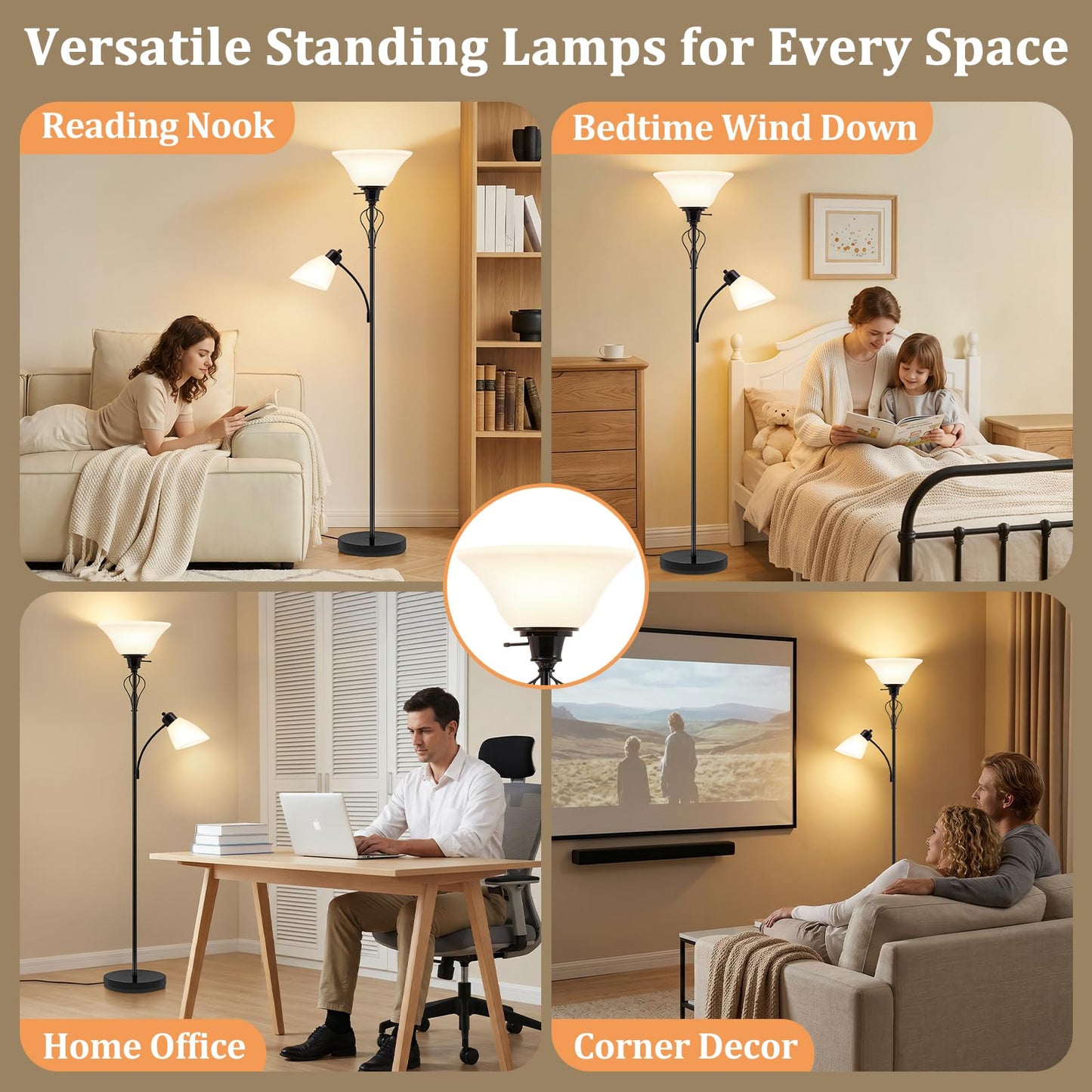 Floor Lamp for Bedroom, 70" Tall 2-in-1 Torchiere Floor Lamp with Adjustable Gooseneck Reading Light, Plastic Shade Lamps Separate On/Off Switch Modern Corner Standing Lamp for Living Room, Office