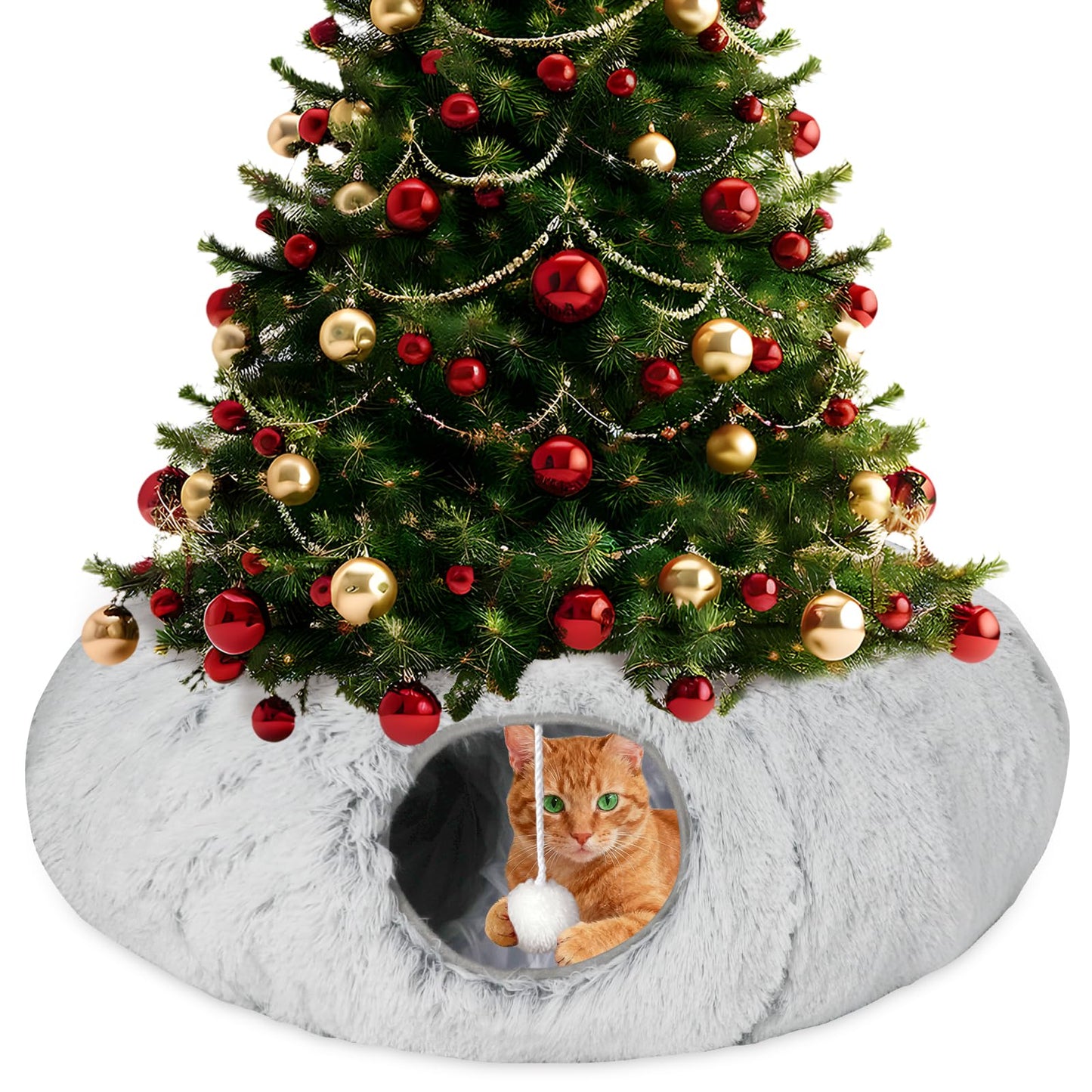 Lonepetu Cat Tunnel Bed for Indoor Cats, Warm Plush Collapsible Cat Donut Tunnel with Central Mat, Fluffy Cat Cave Tube with Hanging Ball for Cat Kitten Rabbit Puppy Ferret