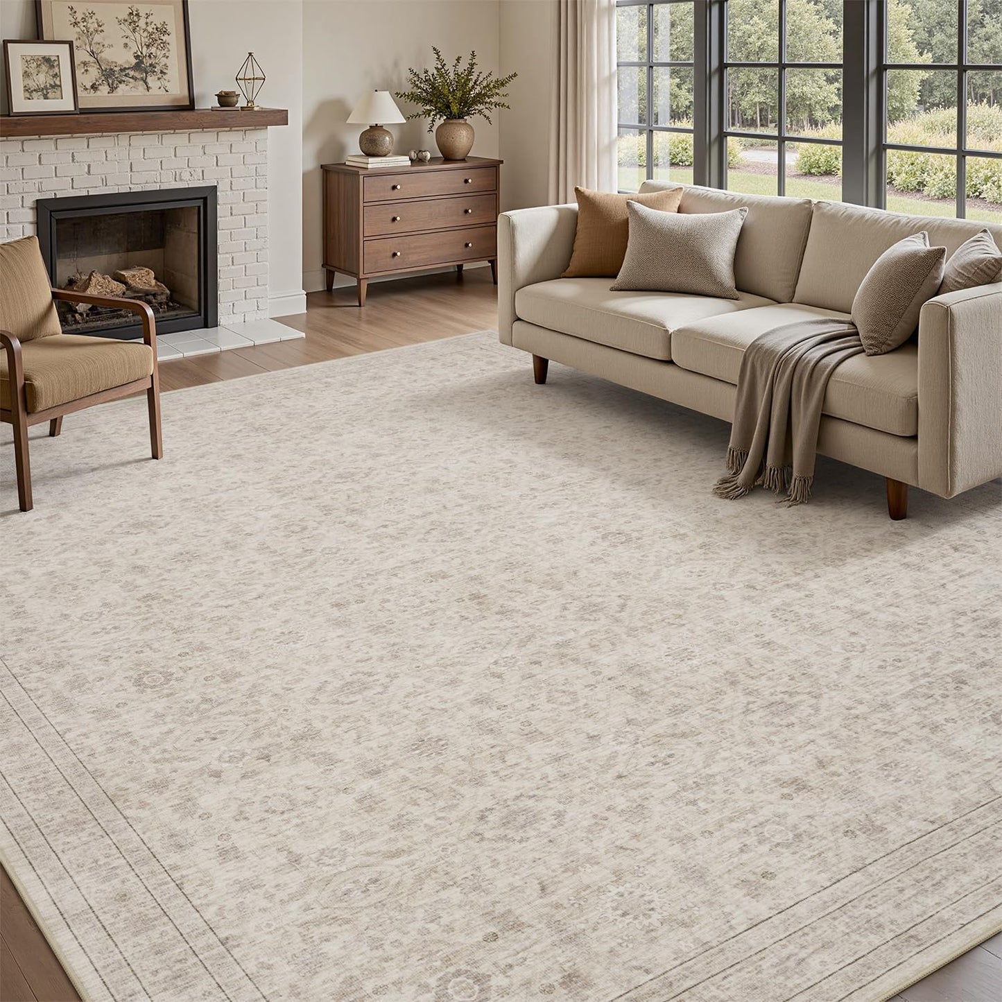 Area Rug-Carpet 5X7 Rugs for Living Room Machine Washable Rug Soft Non Slip Vintage Rug for Living Room Bedroom Dining Office Beige