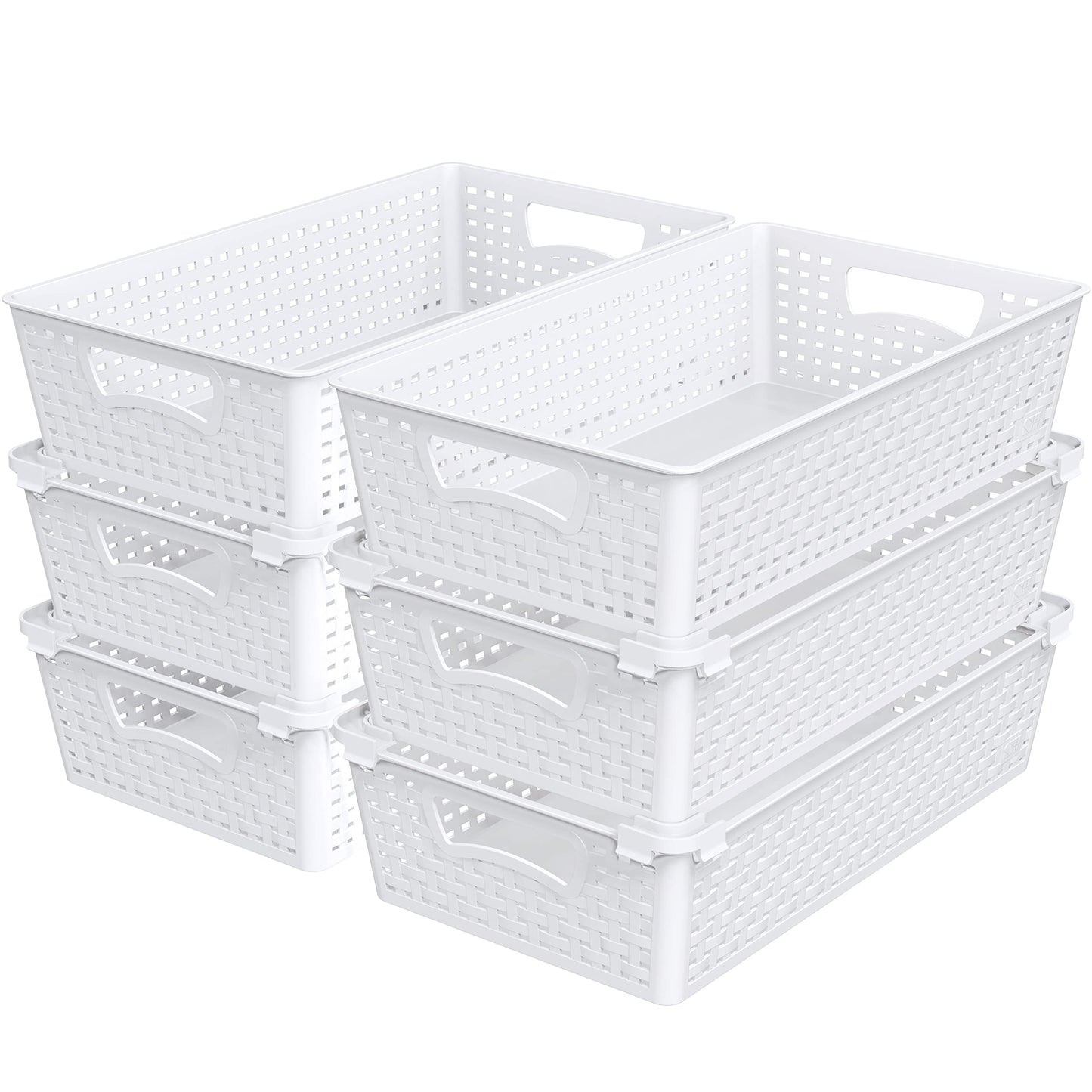 Simple Houseware Stackable Plastic Woven Basket Storage and Pantry Organizer Bin, 6 Pack, White