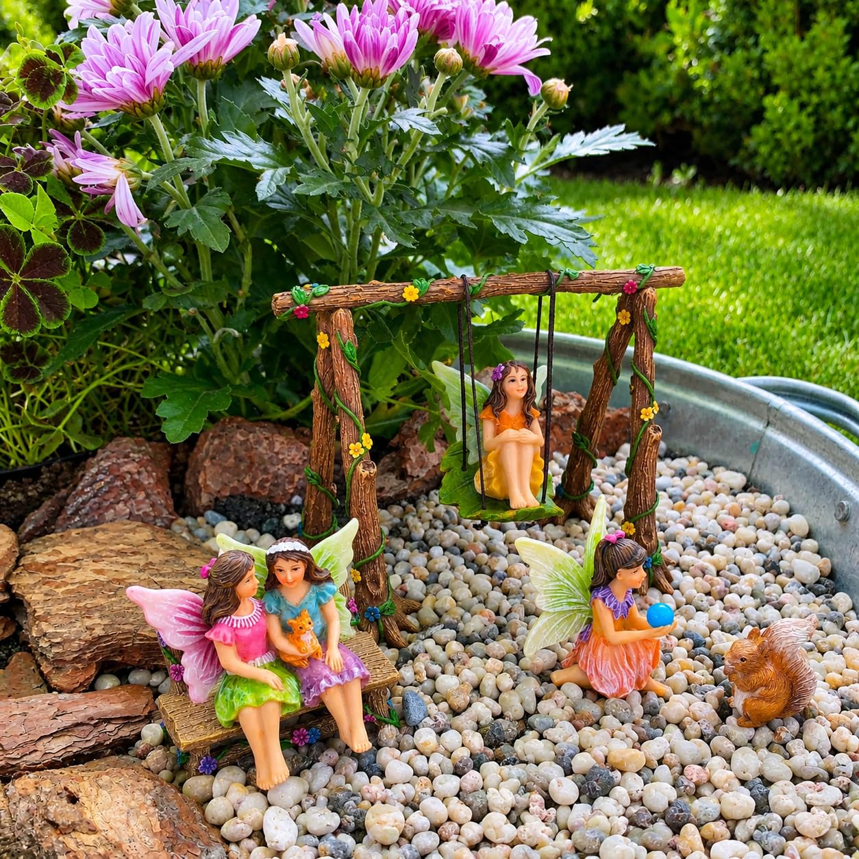 Mood Lab Fairy Garden Swing Set - Miniature Figurines & Accessories (6 pcs) - Indoor Outdoor Garden Decor