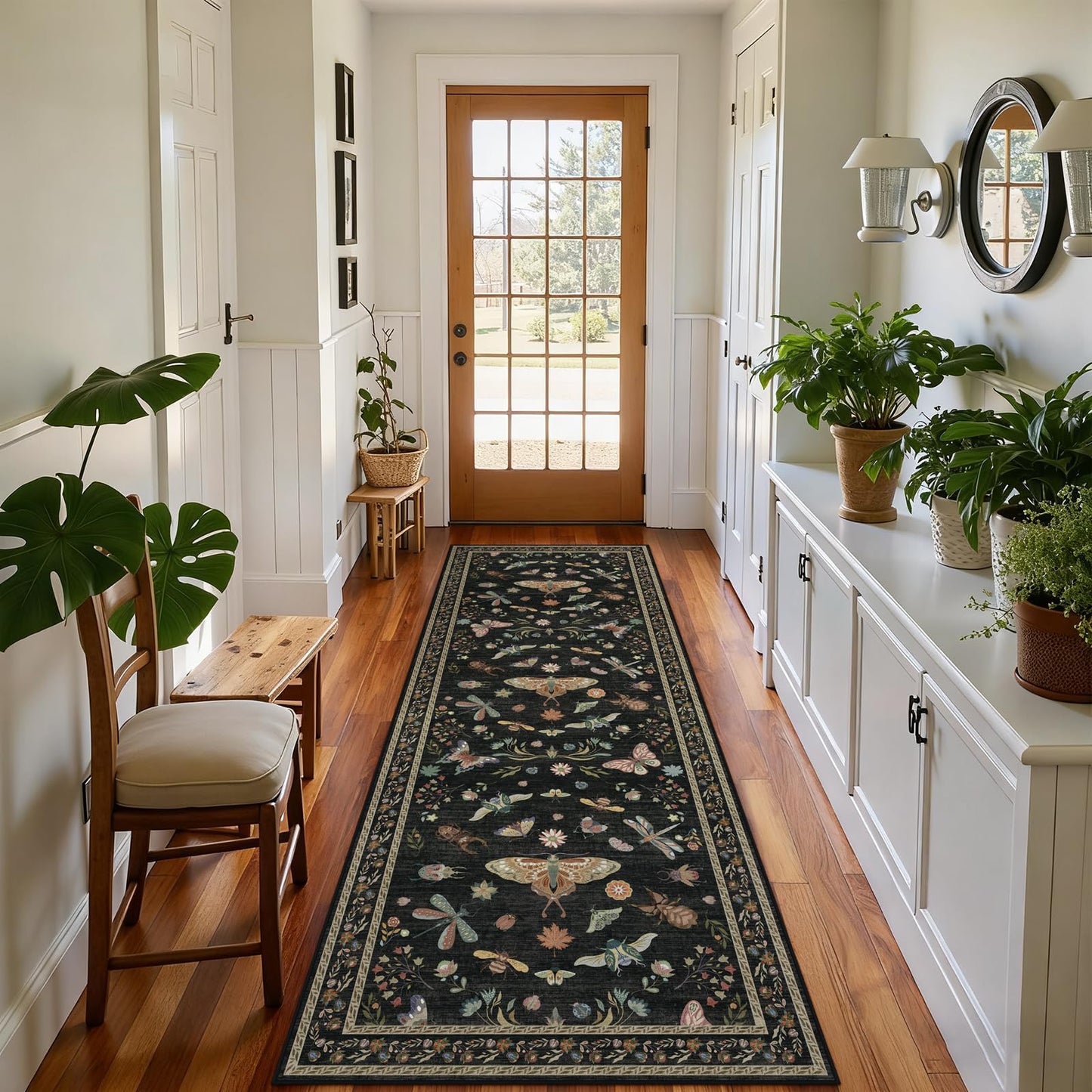 Dadasgk Black Boho Washable 2x6 Runner Rugs for Hallway Kitchen Bedroom Beside Laundry Room Bathroom Rug, Non Slip Low Pile Stain Resistant Soft Floral Nature Insect Fantasy Whimsical Indoor Decor