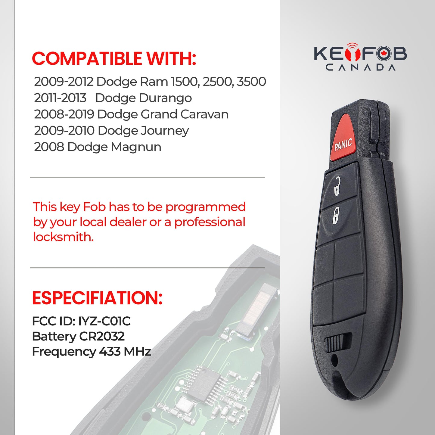 Keyfob Canada - 2 New Key Fob Entry Fobik - 3 Buttons Remote Starter Keyless for Jeep Dodge RAM/Grand Caravan/Journey/Durango/Magnun with battery and electronics FCC IYZ-C01C