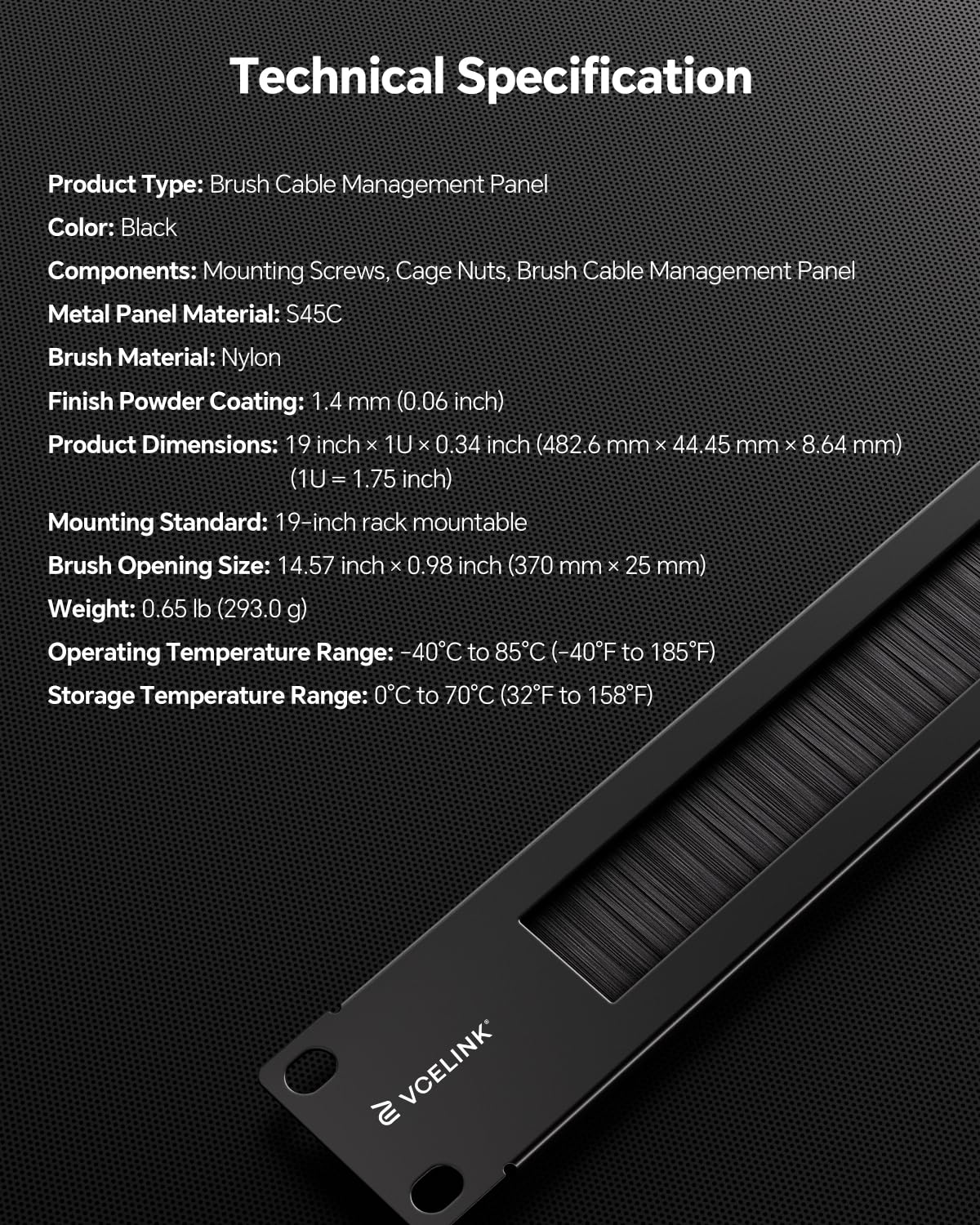 VCELINK 1U Brush Rackmount Panel Detachable for 19-inch Server Rack or Network Cabinet Cable Management, 2 Pack