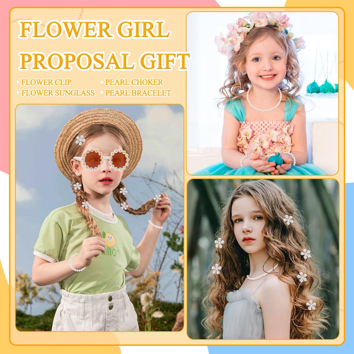 28Pcs Flower Girl Proposal Gift Set - 2 Bags Including Round Flower Sunglasses, Canvas Bag, Pearl Necklace, Bracelet, Hair Accessories, Satin Scunchies, Diamond Pen for Wedding, Bridal Shower