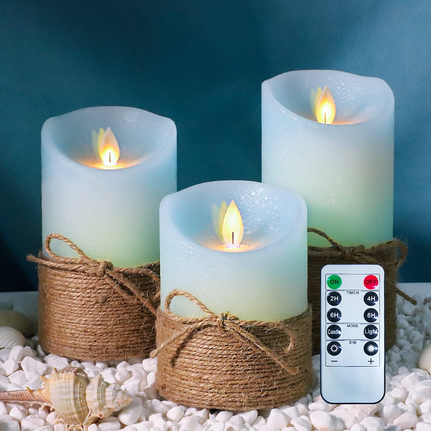 PETRISTRIKE Ocean Blue Flameless Candles, Nautical Themed Led Pillar Candles with Remote & Timer, Decorative Flickering Candles for Gifts, Party, Wedding, Home Decorations - Set of 3