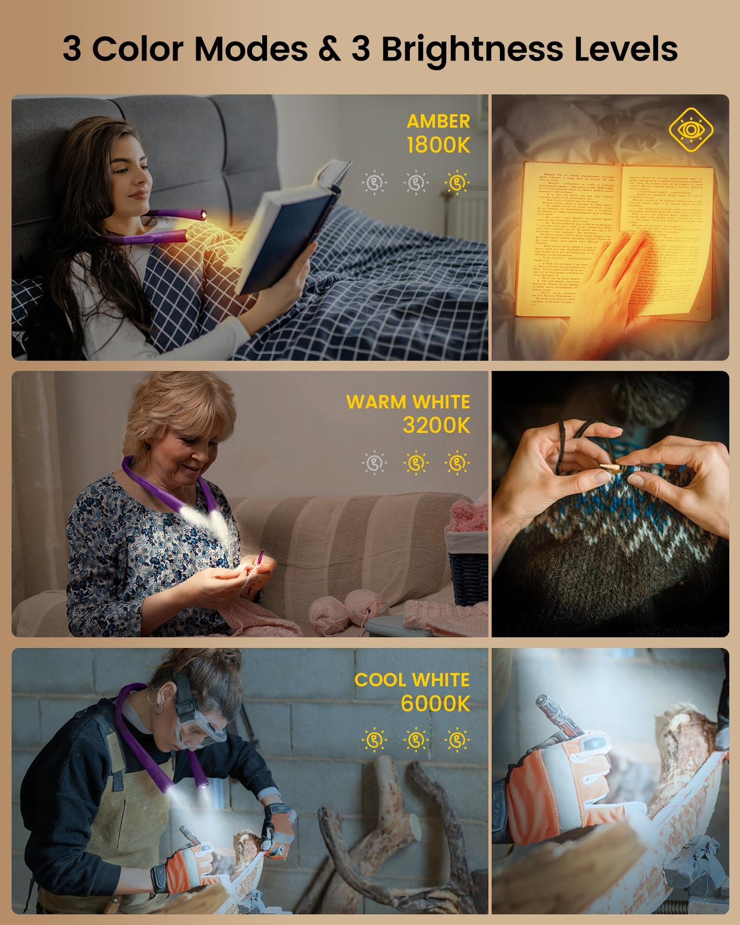 Glocusent Upgraded Book Light for Reading in Bed, LED Neck Reading Light with 30-min Timer, 3 Colors & 3 Brightness Adjustable, Rechargeable & Long Lasting, Perfect for Knitting, Repairing & Camping